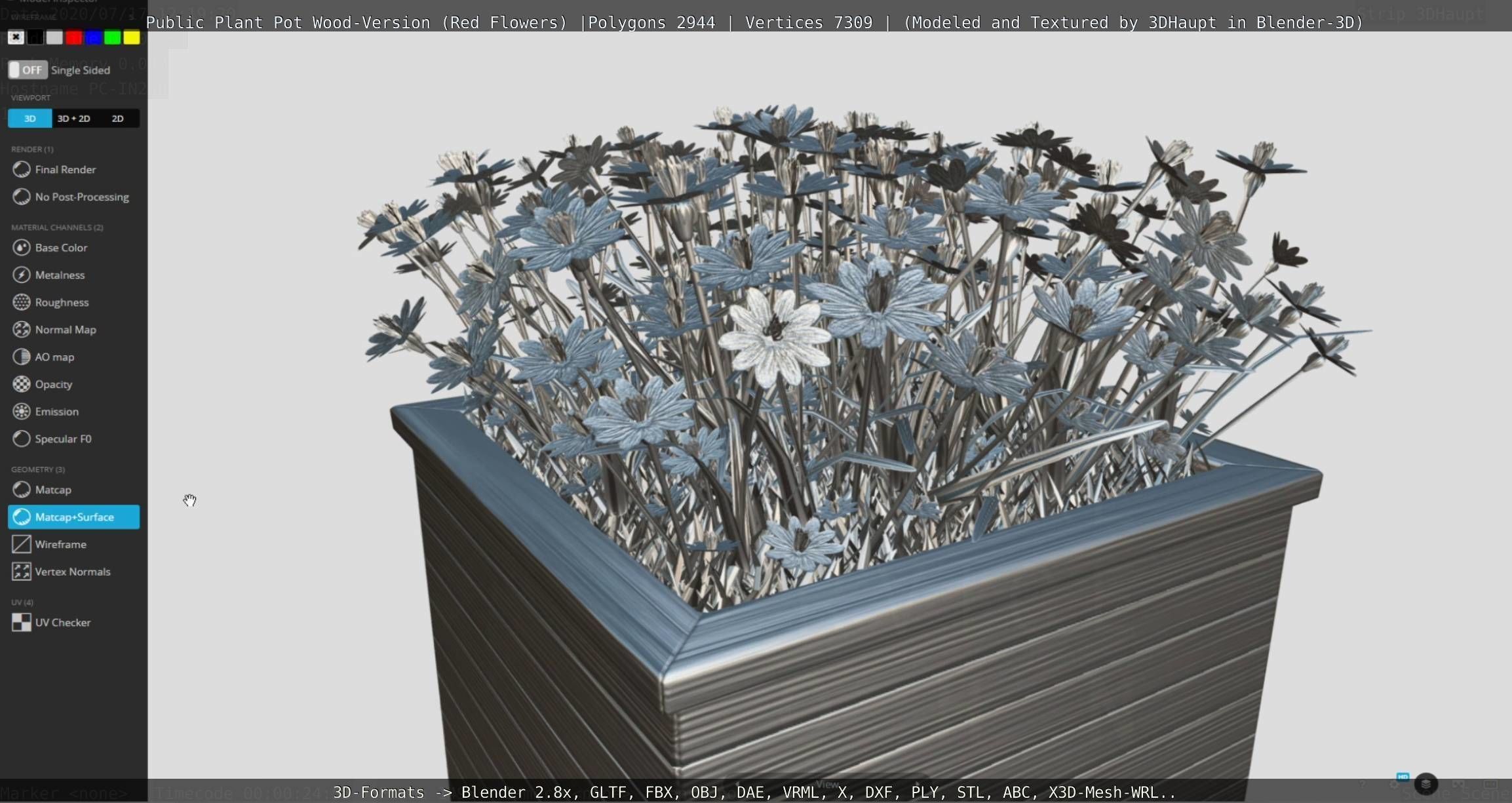 Public Plant Pot Wood-Version with Red Flowers Low-poly 3D model_115