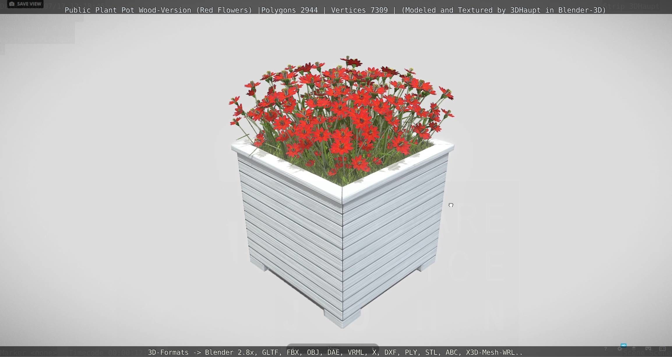 Public Plant Pot Wood-Version with Red Flowers Low-poly 3D model_57