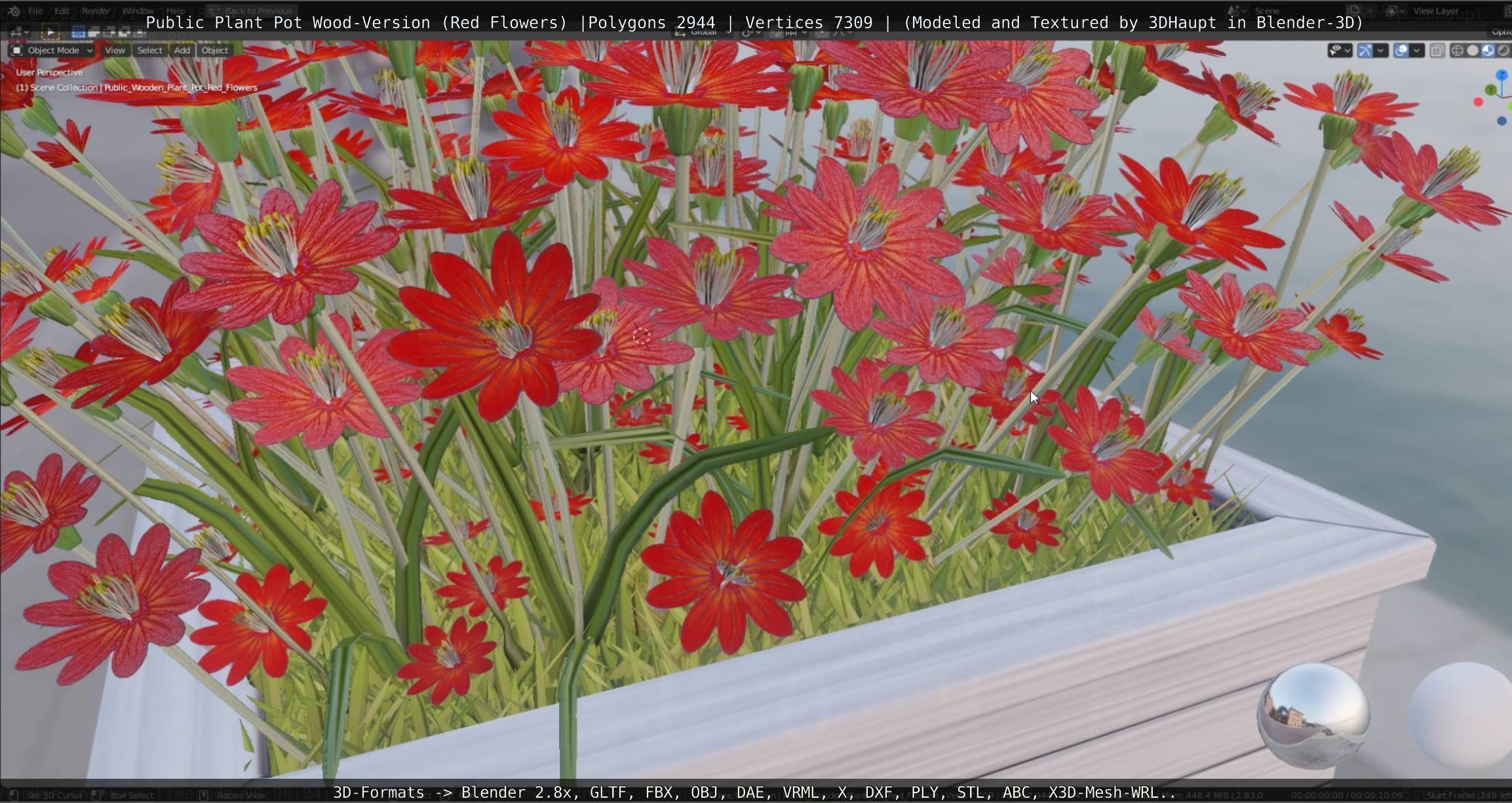 Public Plant Pot Wood-Version with Red Flowers Low-poly 3D model_19