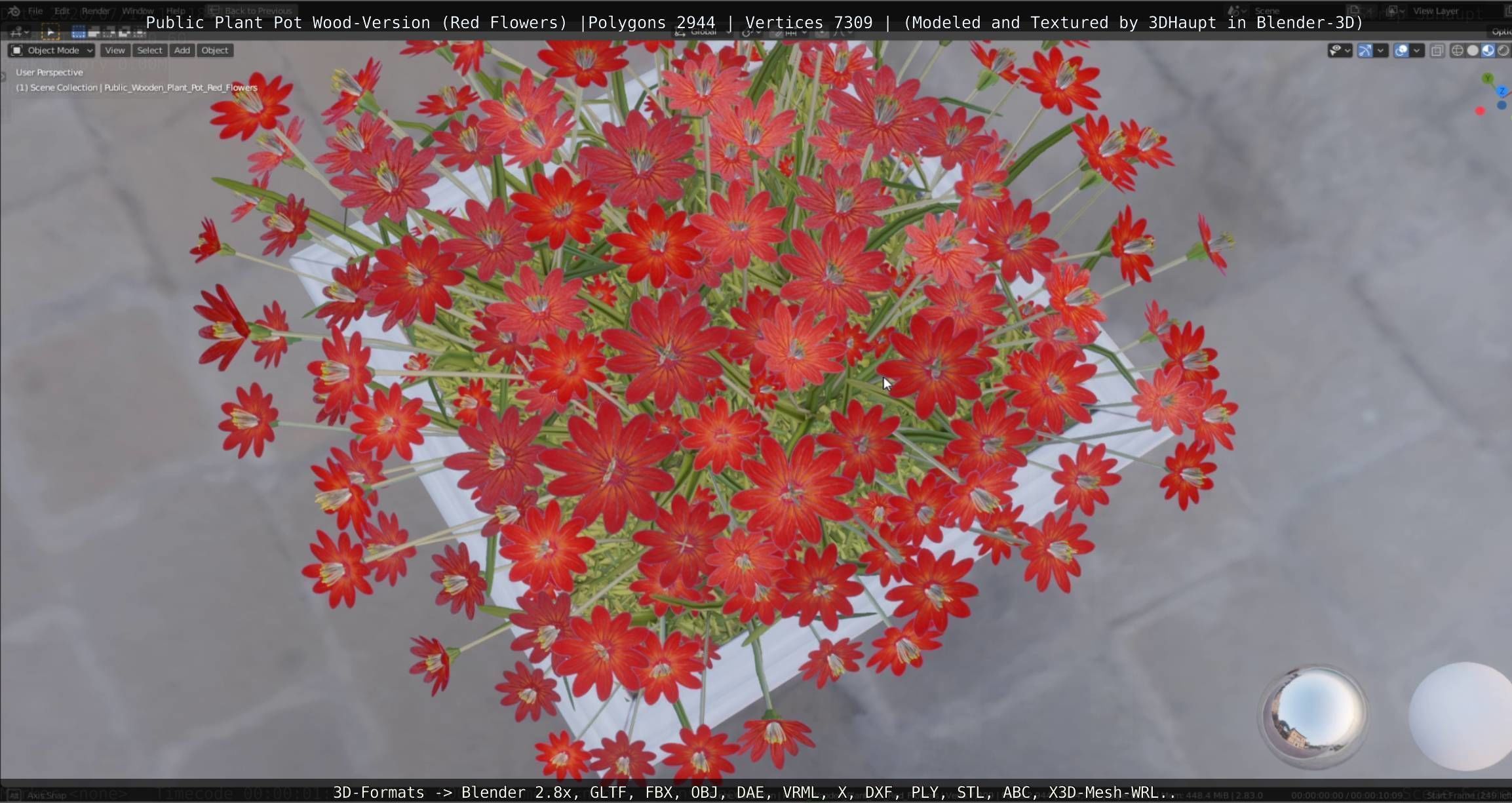 Public Plant Pot Wood-Version with Red Flowers Low-poly 3D model_5