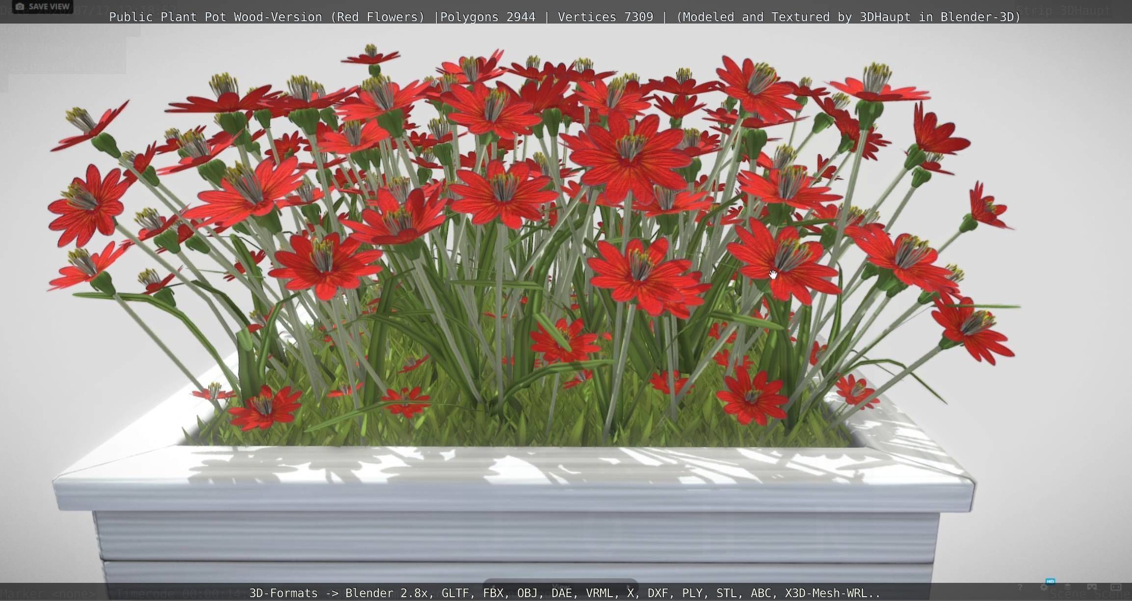 Public Plant Pot Wood-Version with Red Flowers Low-poly 3D model_68