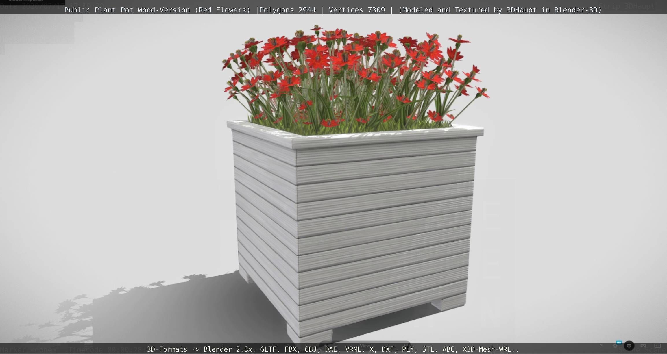 Public Plant Pot Wood-Version with Red Flowers Low-poly 3D model_133
