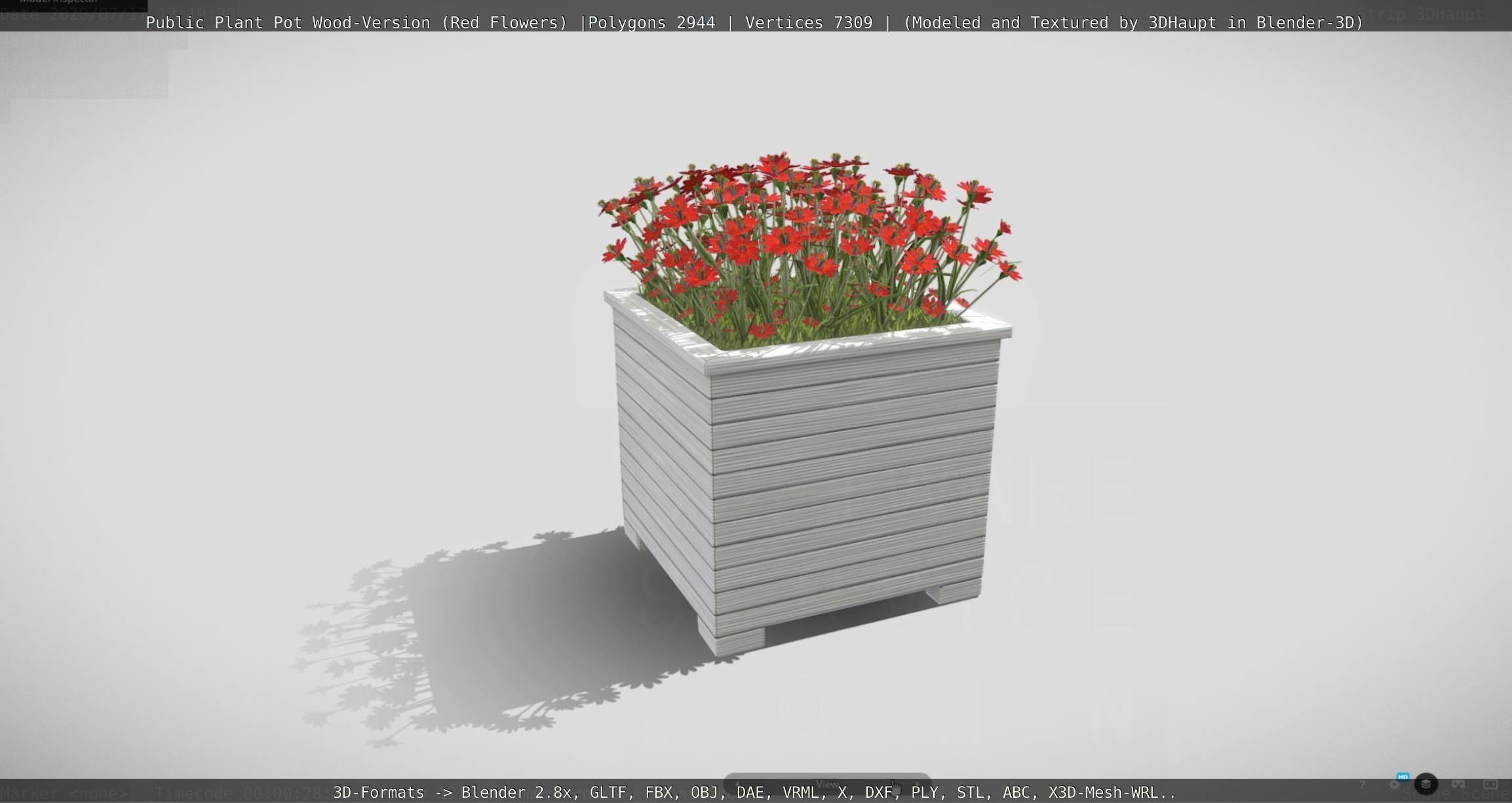 Public Plant Pot Wood-Version with Red Flowers Low-poly 3D model_132