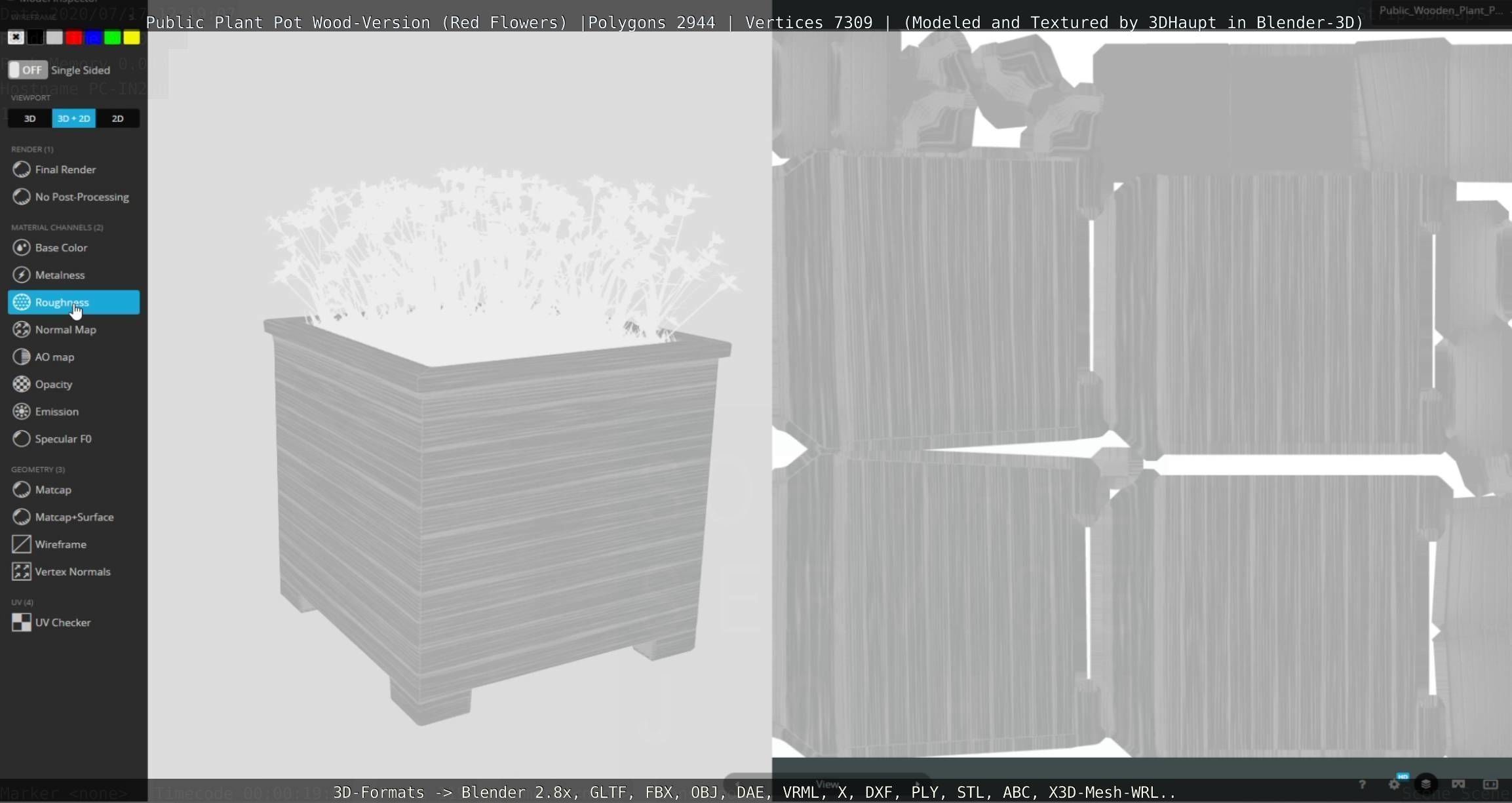 Public Plant Pot Wood-Version with Red Flowers Low-poly 3D model_92