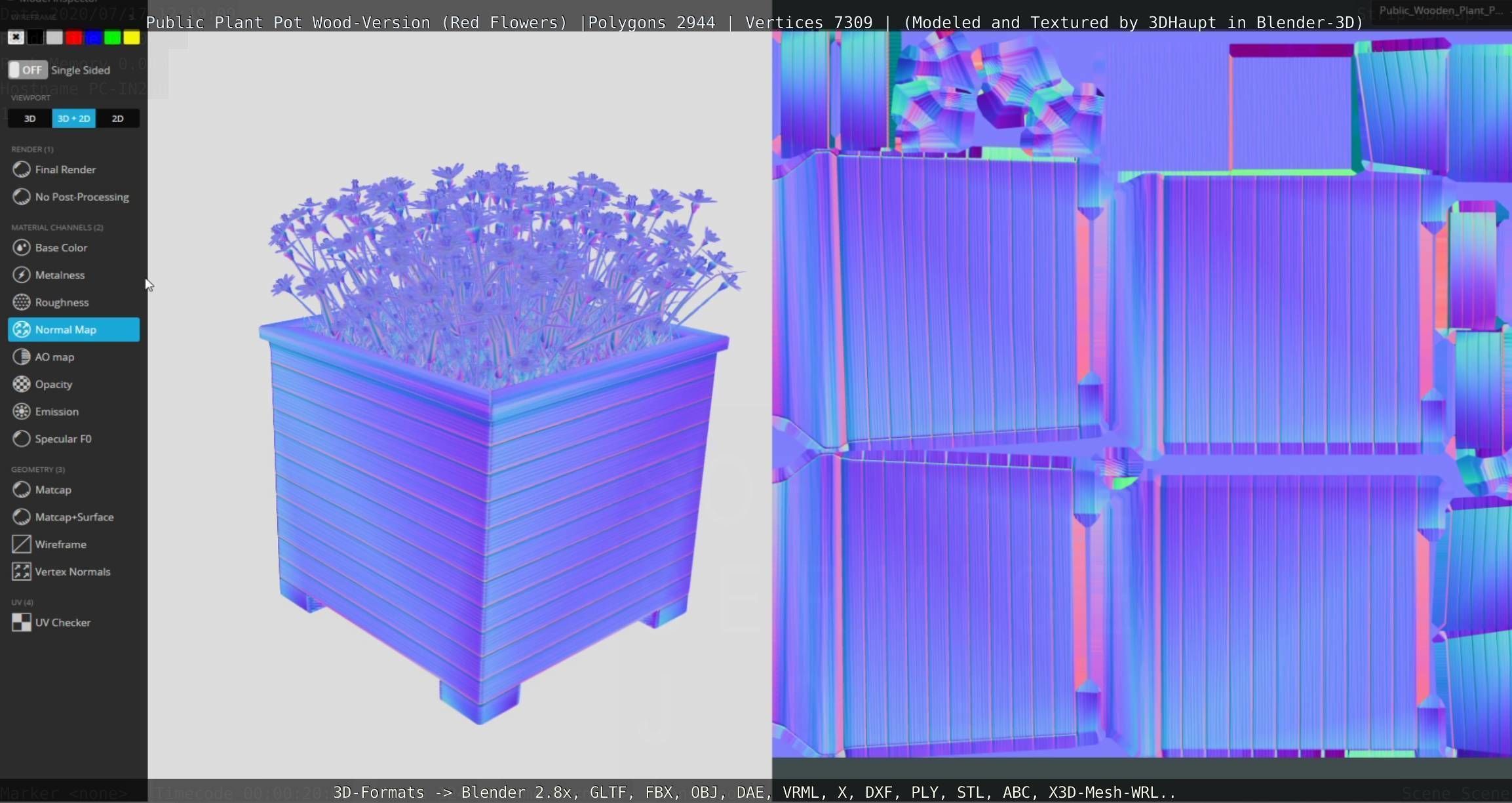 Public Plant Pot Wood-Version with Red Flowers Low-poly 3D model_96