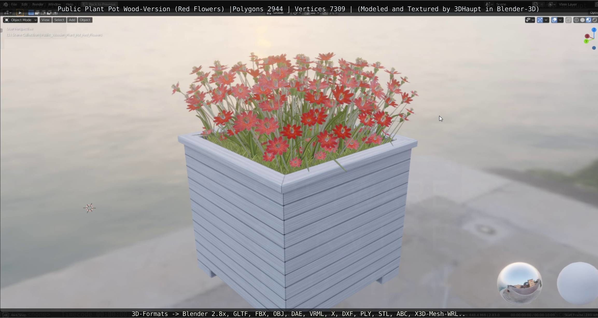 Public Plant Pot Wood-Version with Red Flowers Low-poly 3D model_2