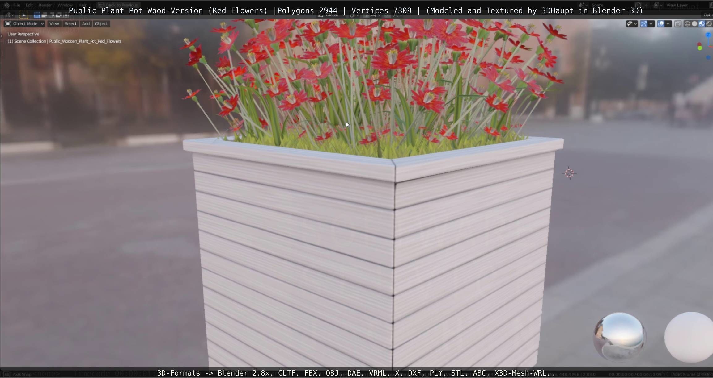 Public Plant Pot Wood-Version with Red Flowers Low-poly 3D model_7