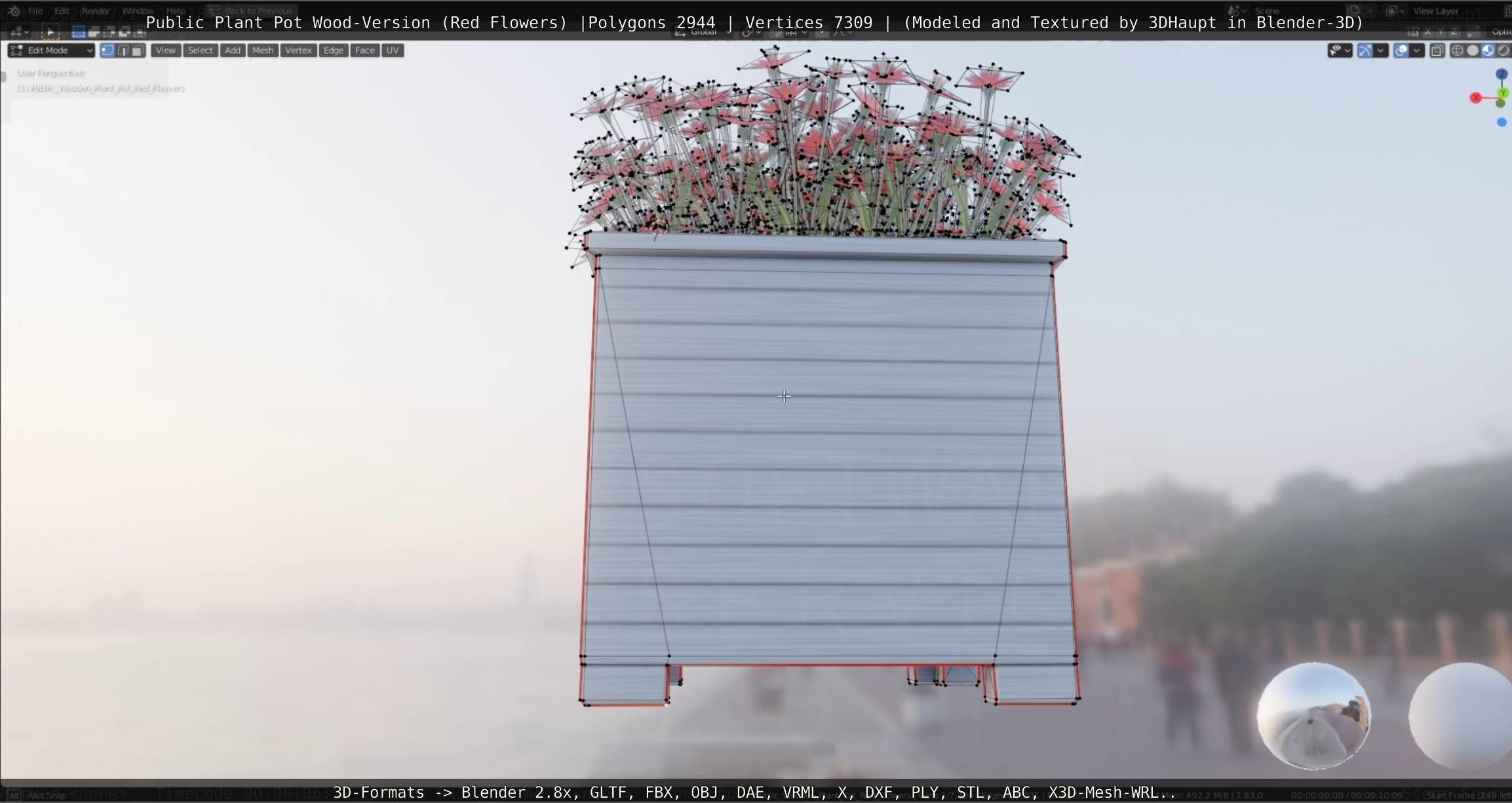 Public Plant Pot Wood-Version with Red Flowers Low-poly 3D model_32