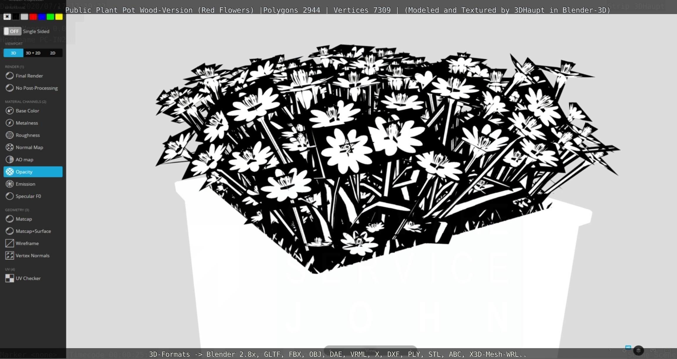 Public Plant Pot Wood-Version with Red Flowers Low-poly 3D model_119