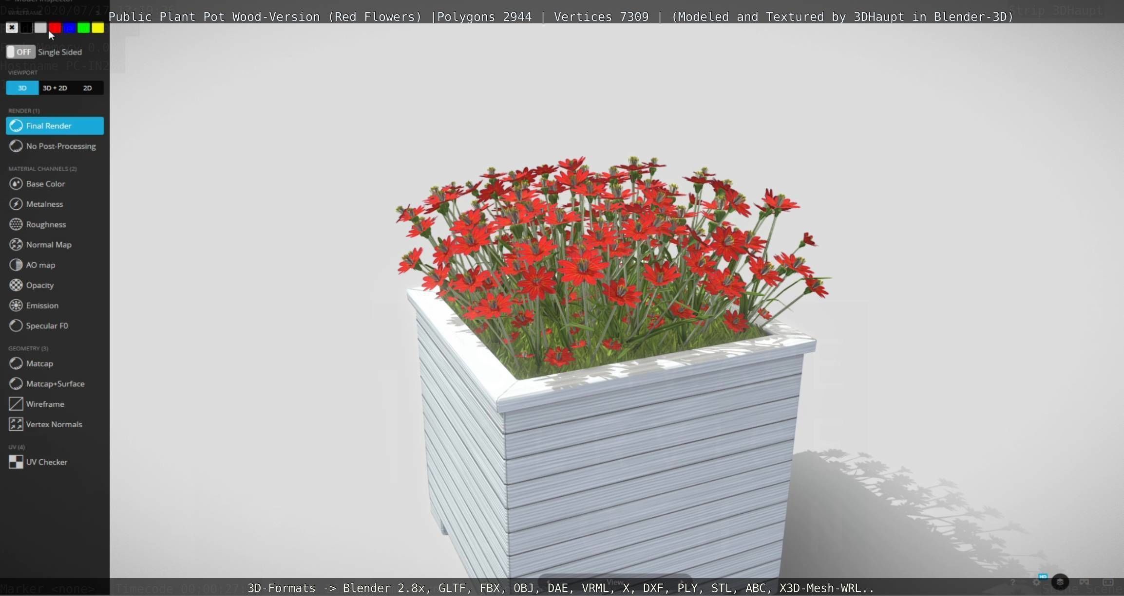 Public Plant Pot Wood-Version with Red Flowers Low-poly 3D model_126