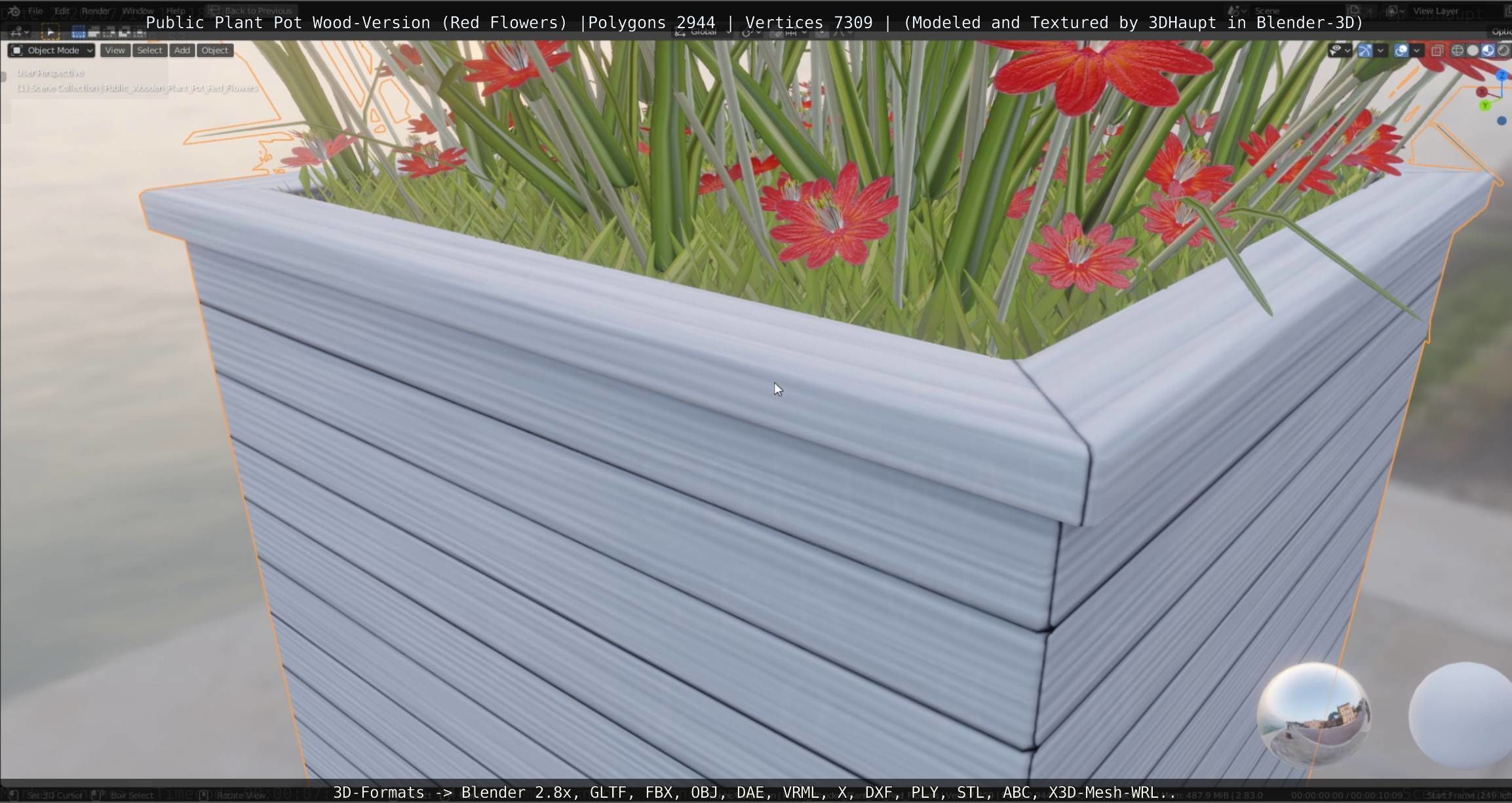 Public Plant Pot Wood-Version with Red Flowers Low-poly 3D model_34