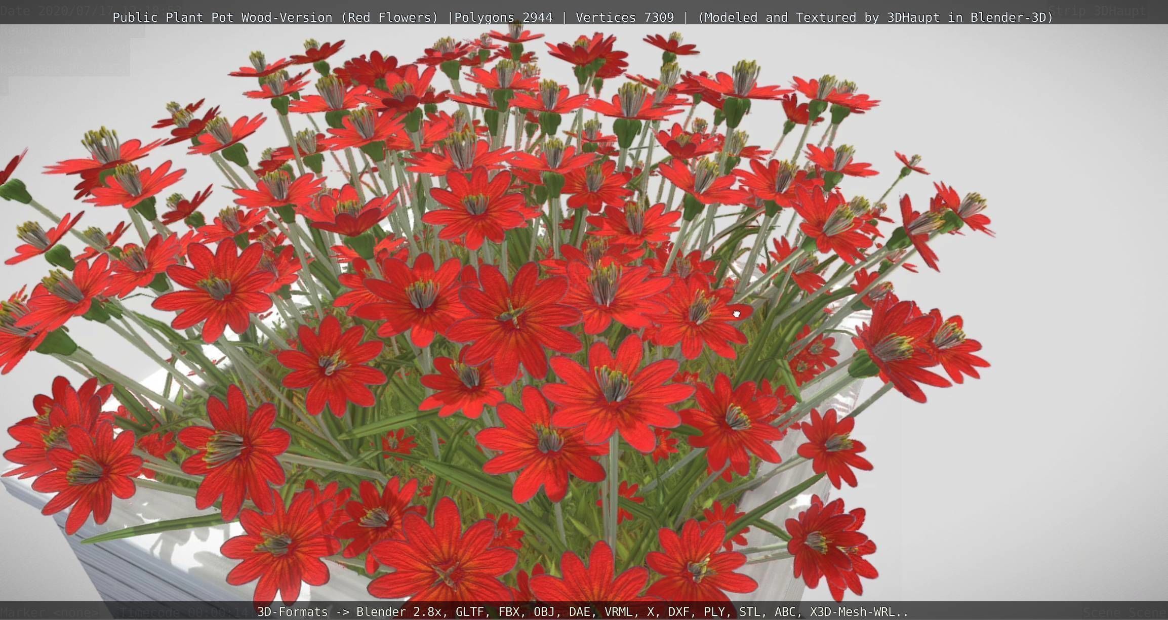 Public Plant Pot Wood-Version with Red Flowers Low-poly 3D model_69