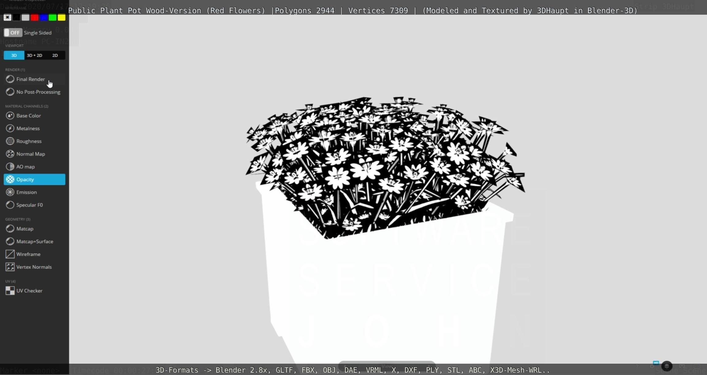 Public Plant Pot Wood-Version with Red Flowers Low-poly 3D model_125