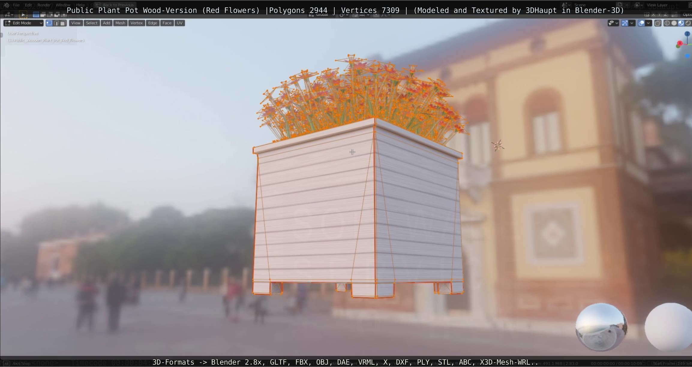 Public Plant Pot Wood-Version with Red Flowers Low-poly 3D model_23