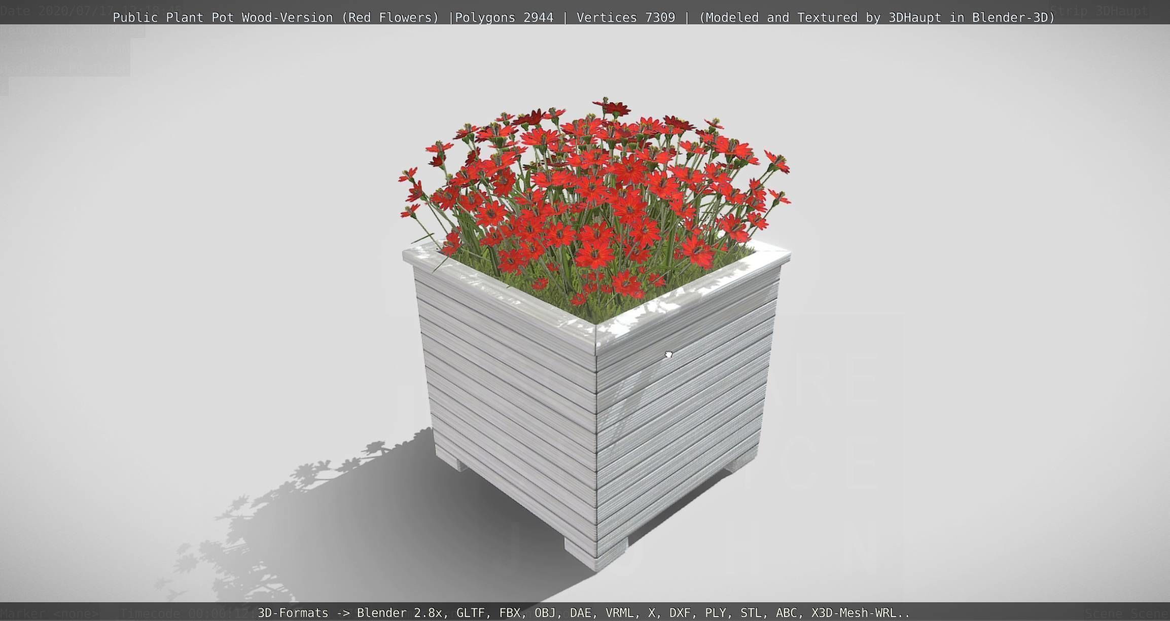 Public Plant Pot Wood-Version with Red Flowers Low-poly 3D model_58