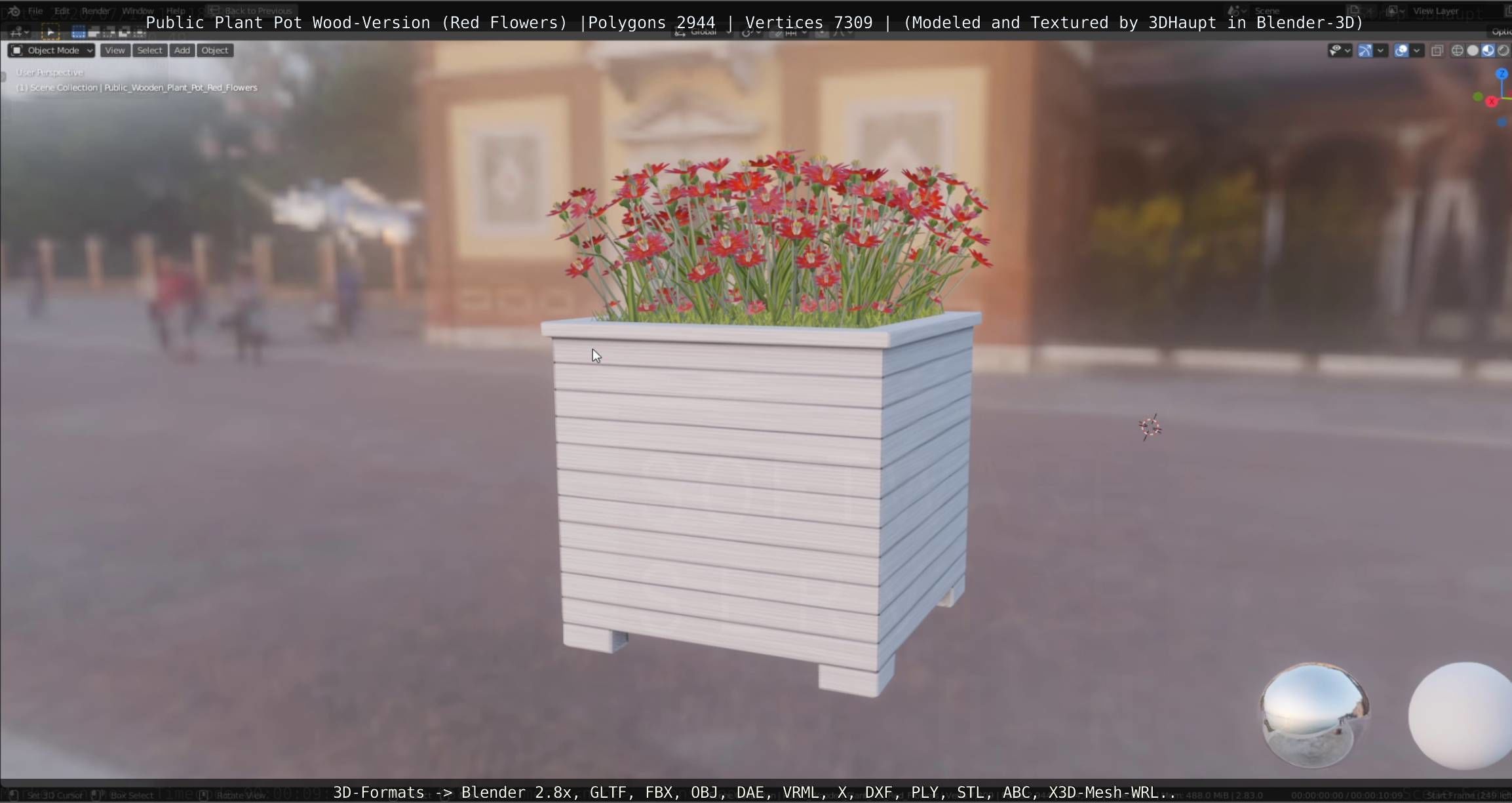 Public Plant Pot Wood-Version with Red Flowers Low-poly 3D model_45