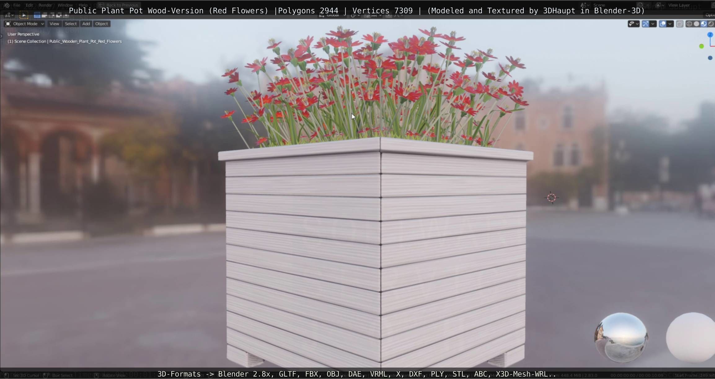 Public Plant Pot Wood-Version with Red Flowers Low-poly 3D model_8