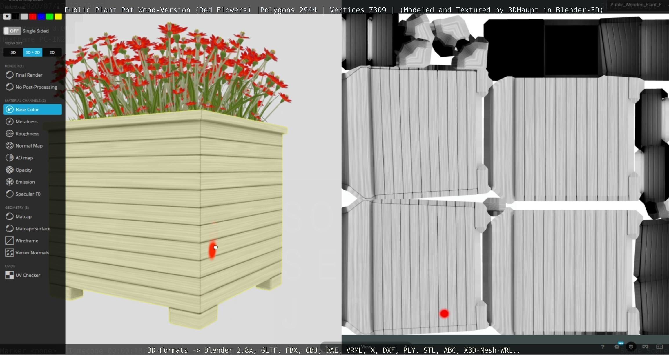 Public Plant Pot Wood-Version with Red Flowers Low-poly 3D model_87