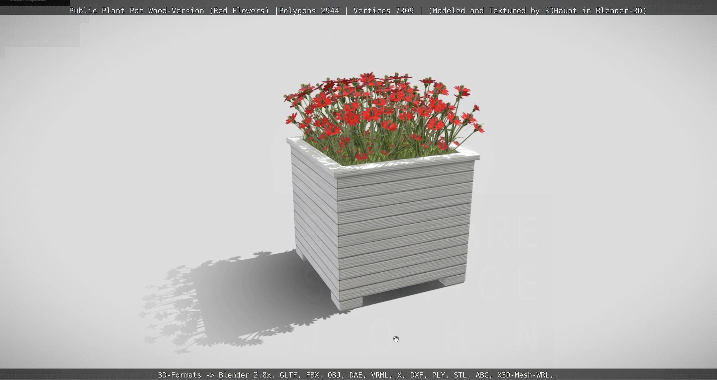 Public Plant Pot Wood-Version with Red Flowers Low-poly 3D model_131