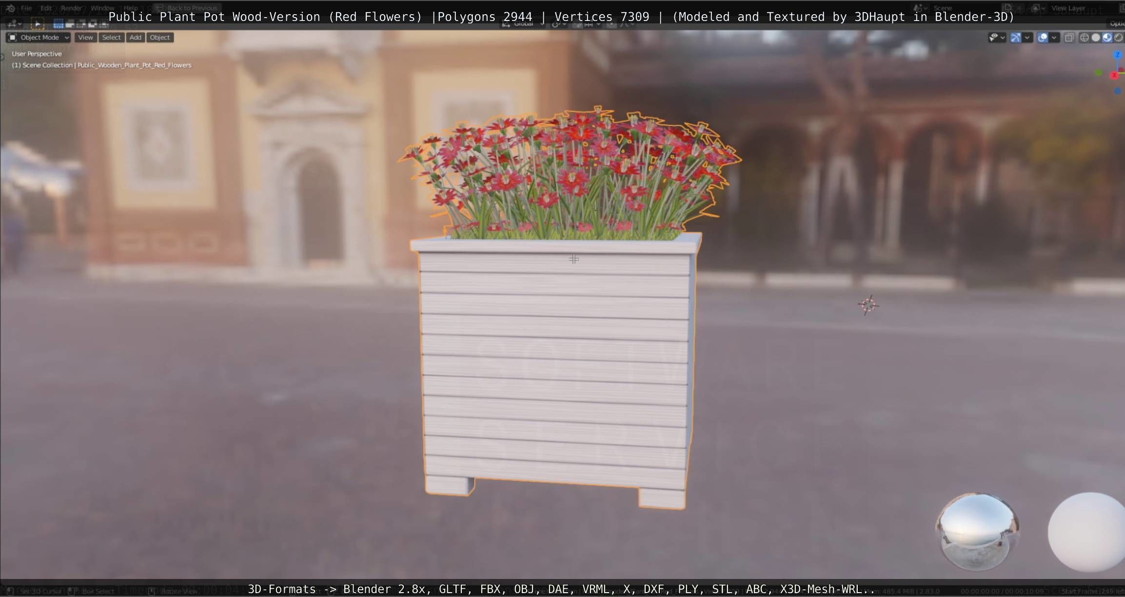 Public Plant Pot Wood-Version with Red Flowers Low-poly 3D model_22