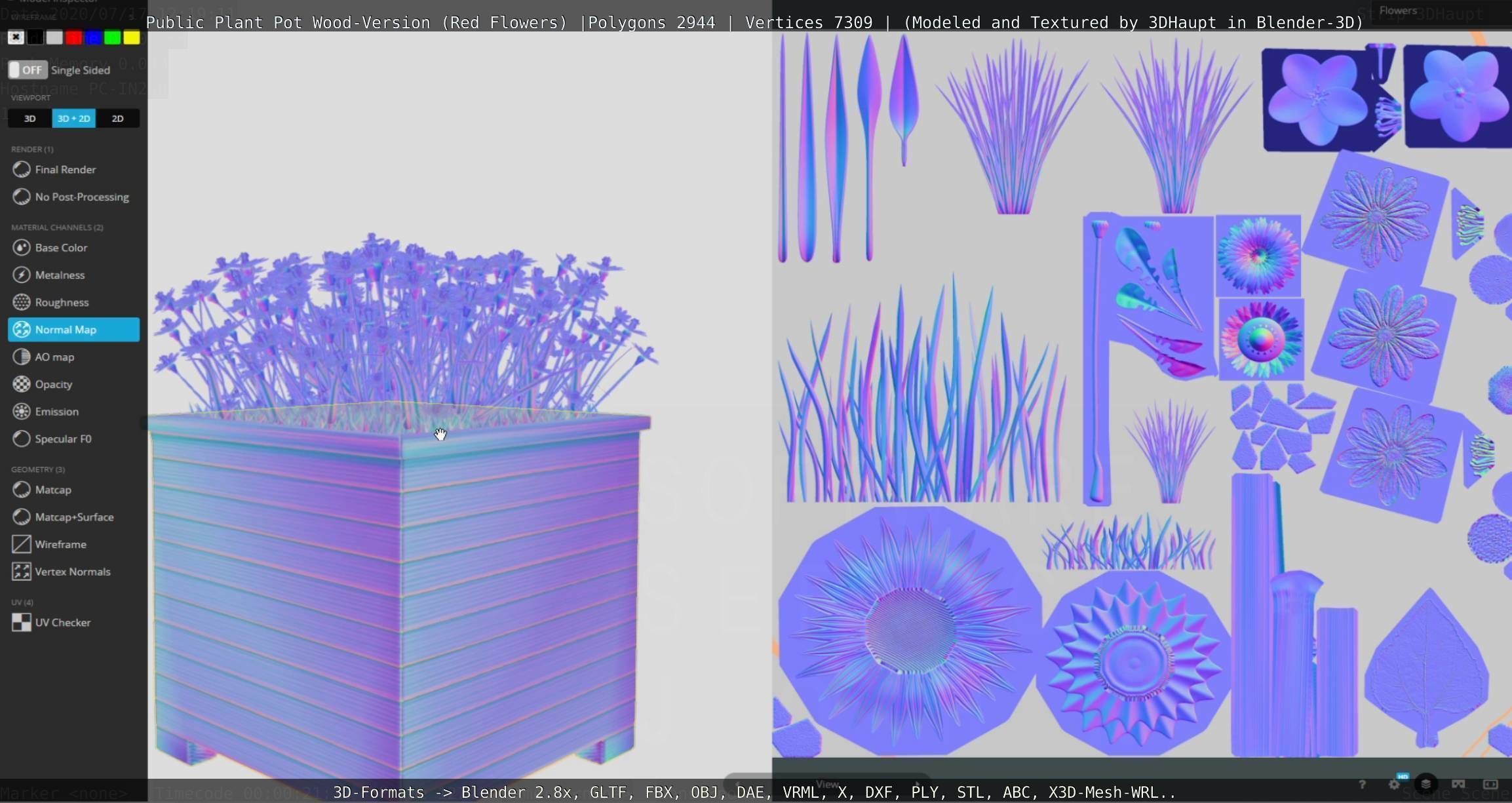 Public Plant Pot Wood-Version with Red Flowers Low-poly 3D model_98