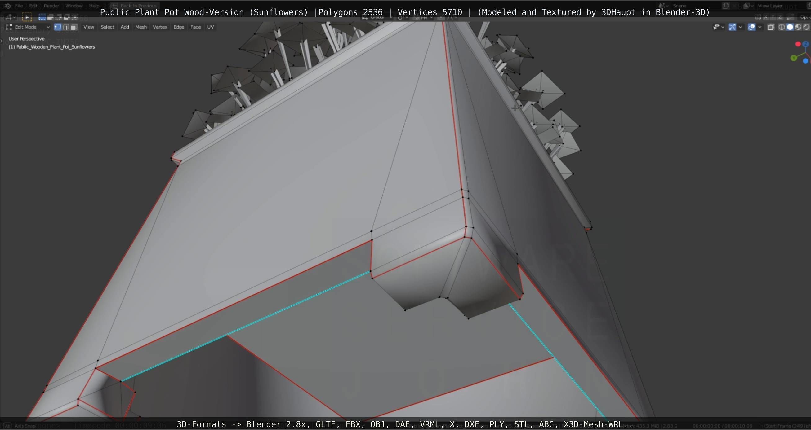 Public Plant Pot Wood-Version with Sunflowers Low-poly 3D model_44