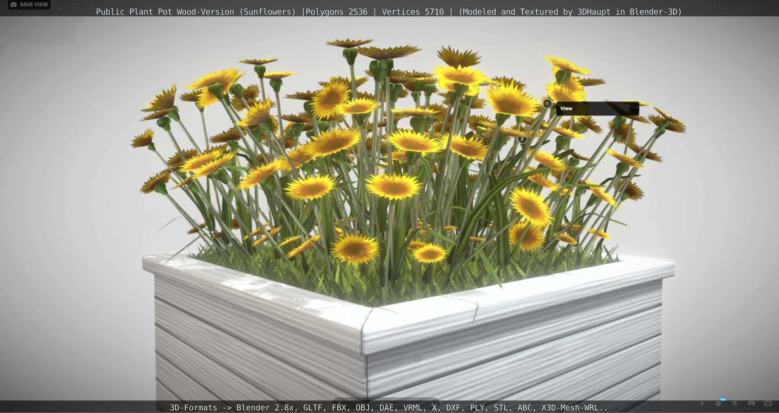 Public Plant Pot Wood-Version with Sunflowers Low-poly 3D model_63