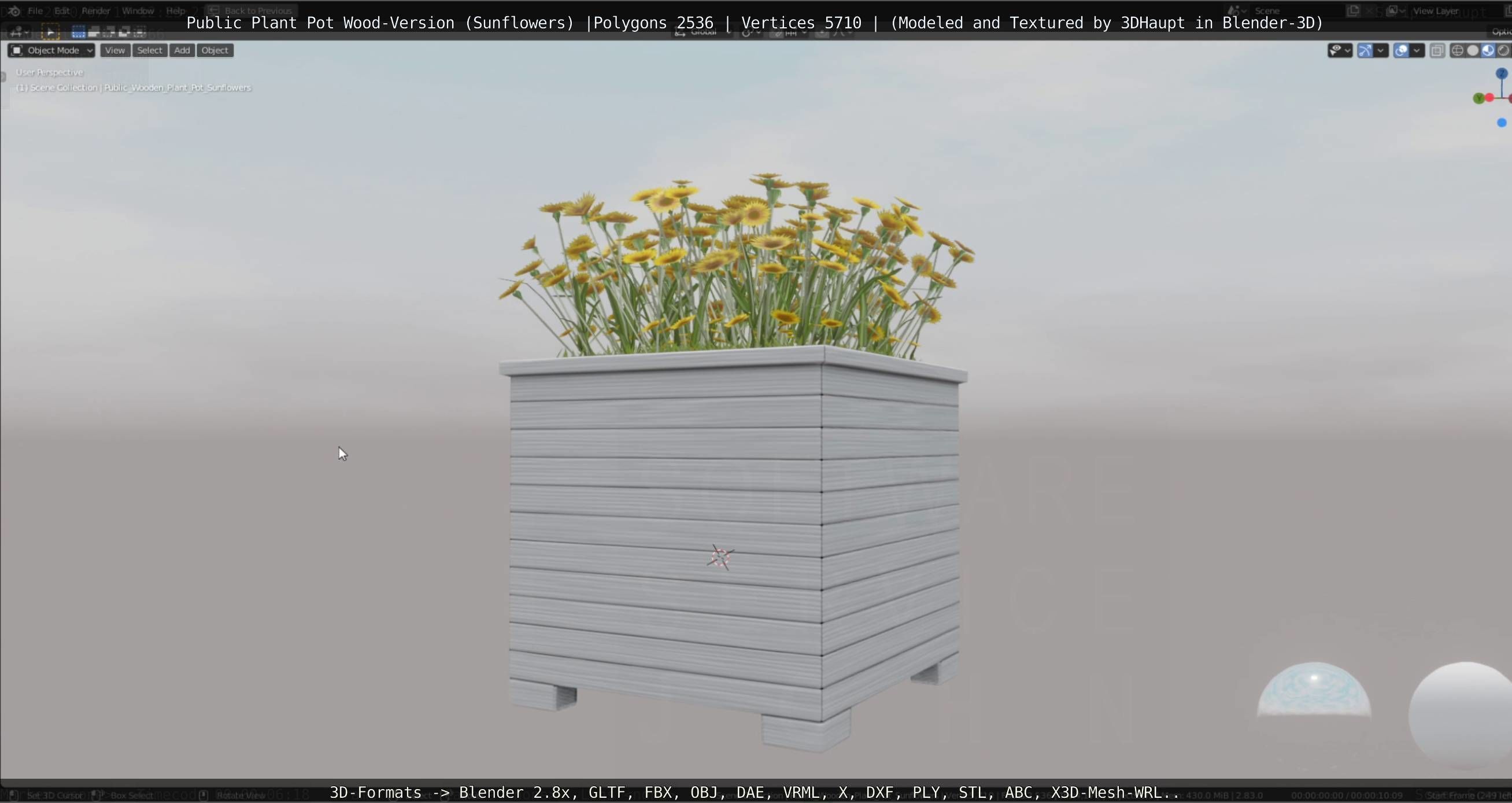 Public Plant Pot Wood-Version with Sunflowers Low-poly 3D model_32