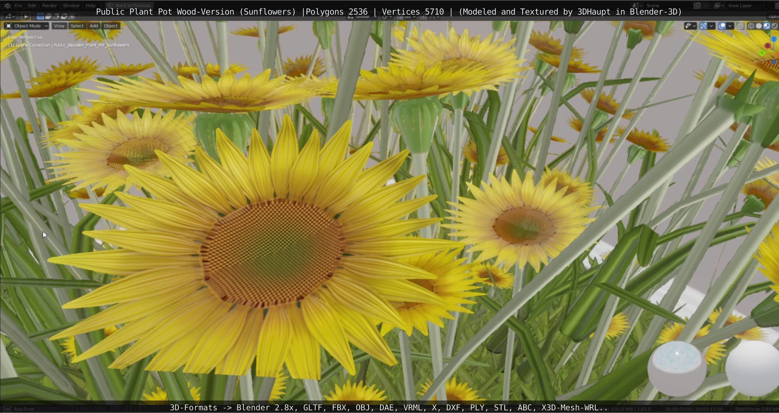 Public Plant Pot Wood-Version with Sunflowers Low-poly 3D model_8