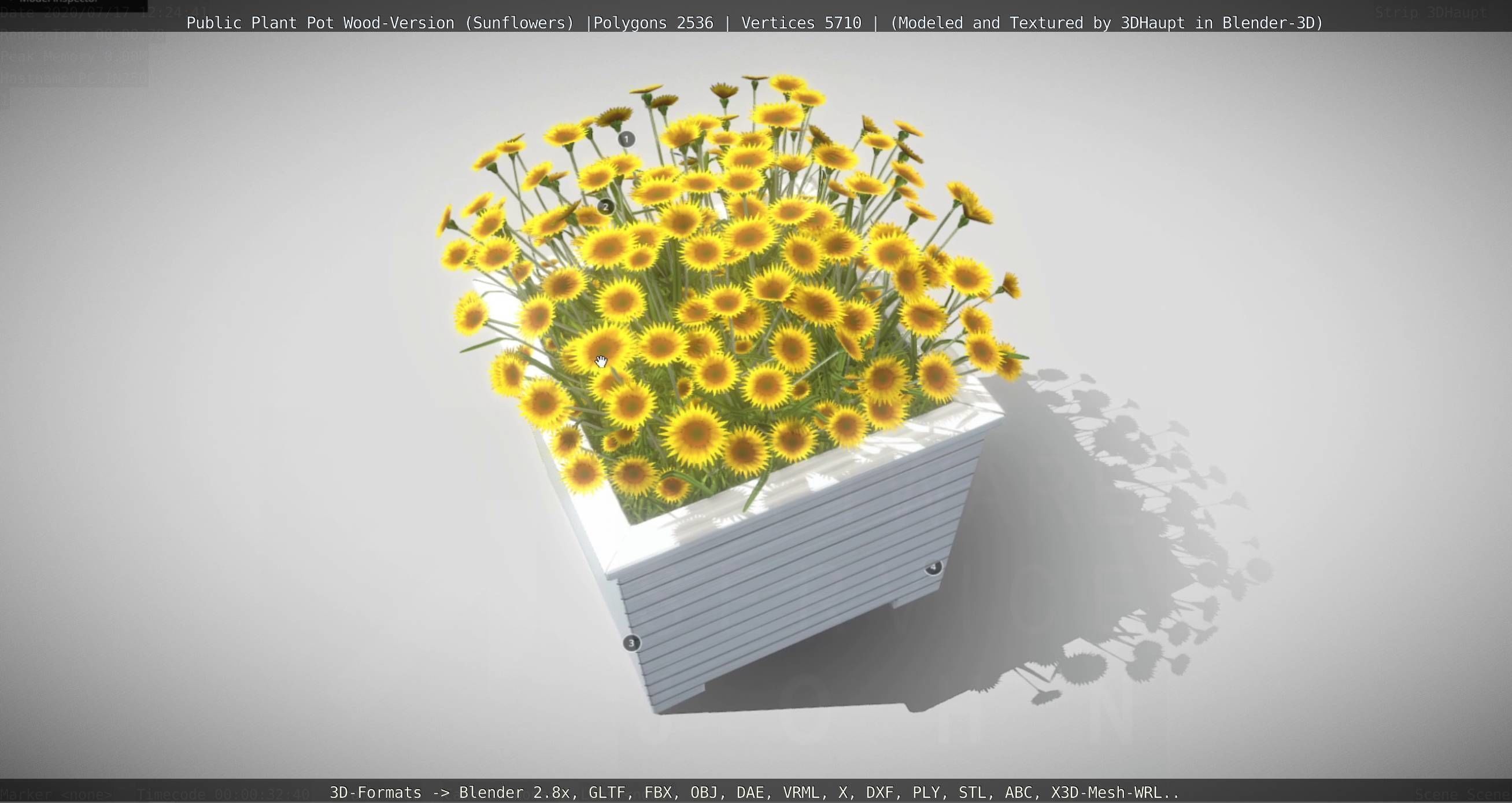 Public Plant Pot Wood-Version with Sunflowers Low-poly 3D model_129