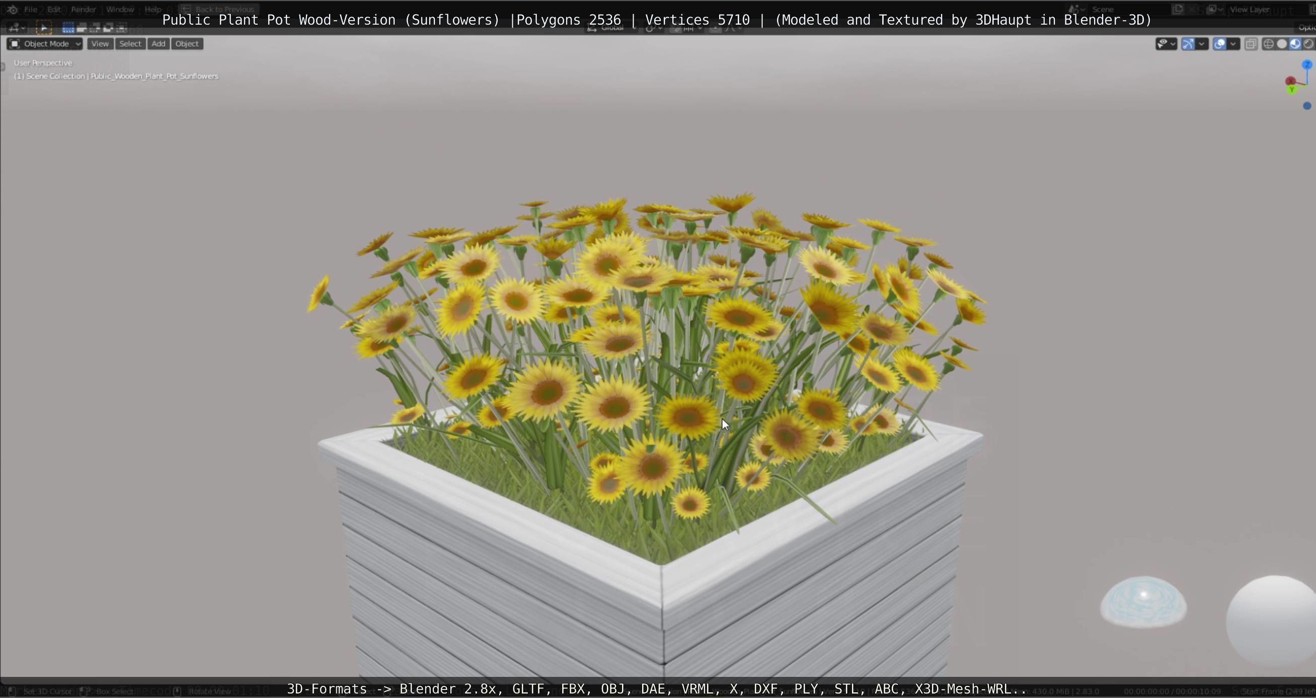 Public Plant Pot Wood-Version with Sunflowers Low-poly 3D model_12