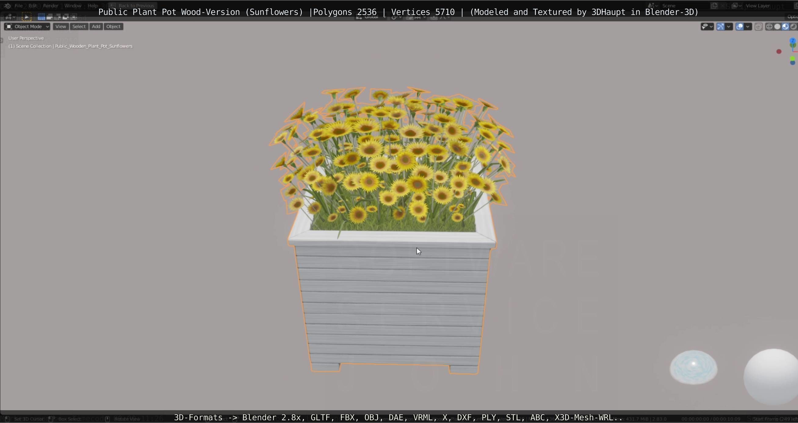 Public Plant Pot Wood-Version with Sunflowers Low-poly 3D model_54