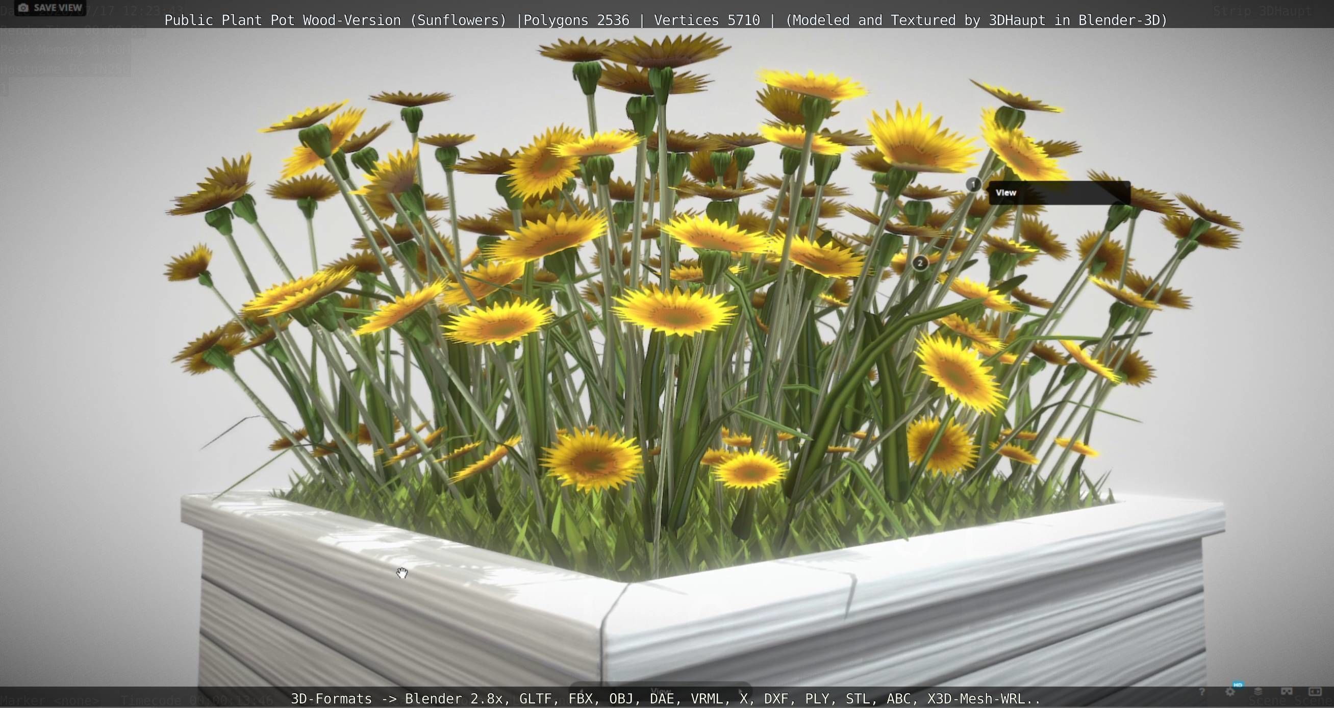 Public Plant Pot Wood-Version with Sunflowers Low-poly 3D model_64