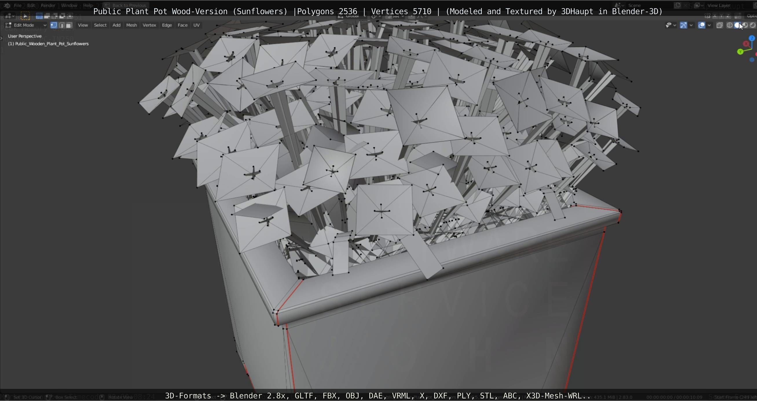 Public Plant Pot Wood-Version with Sunflowers Low-poly 3D model_41