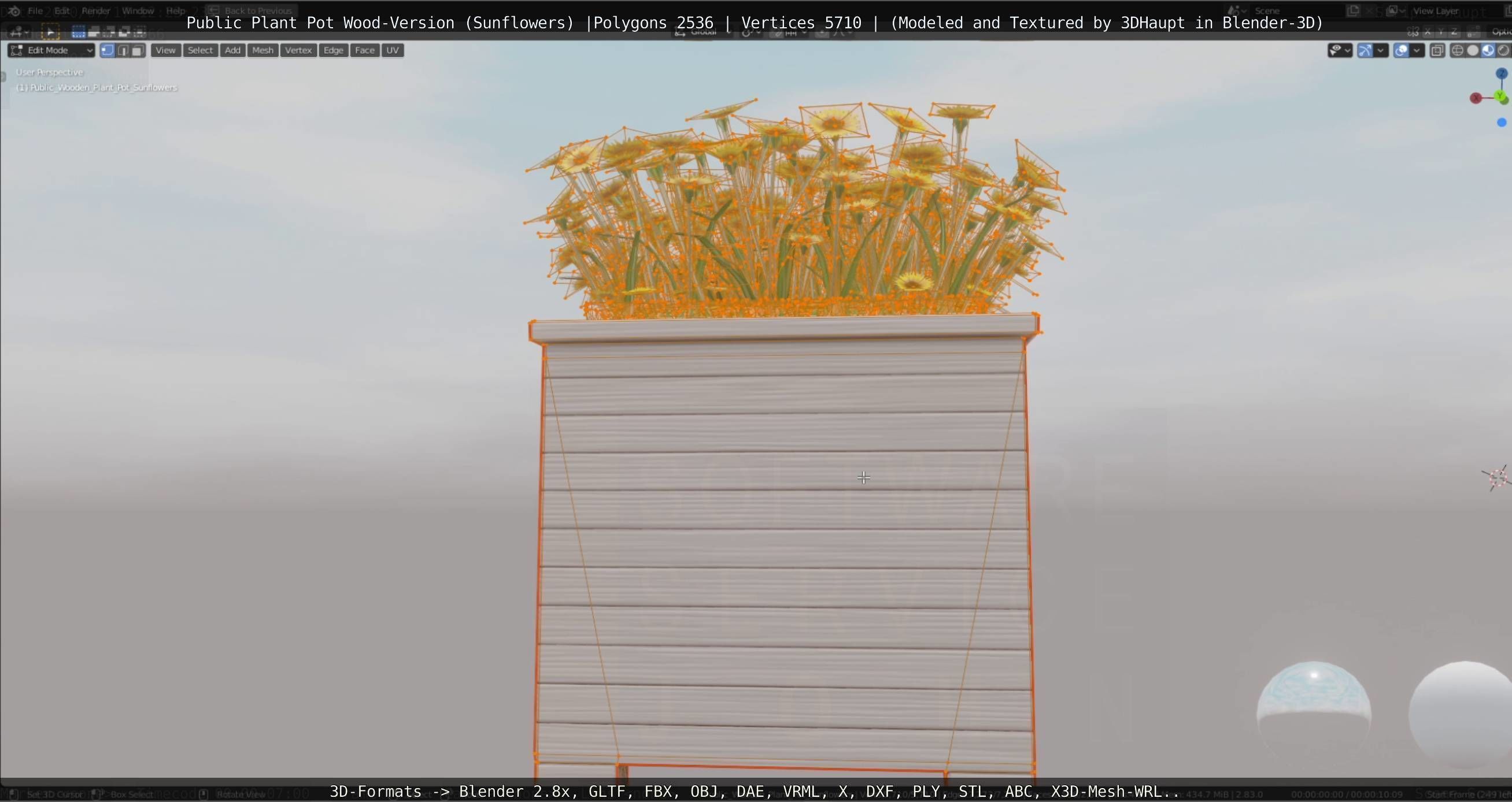 Public Plant Pot Wood-Version with Sunflowers Low-poly 3D model_35