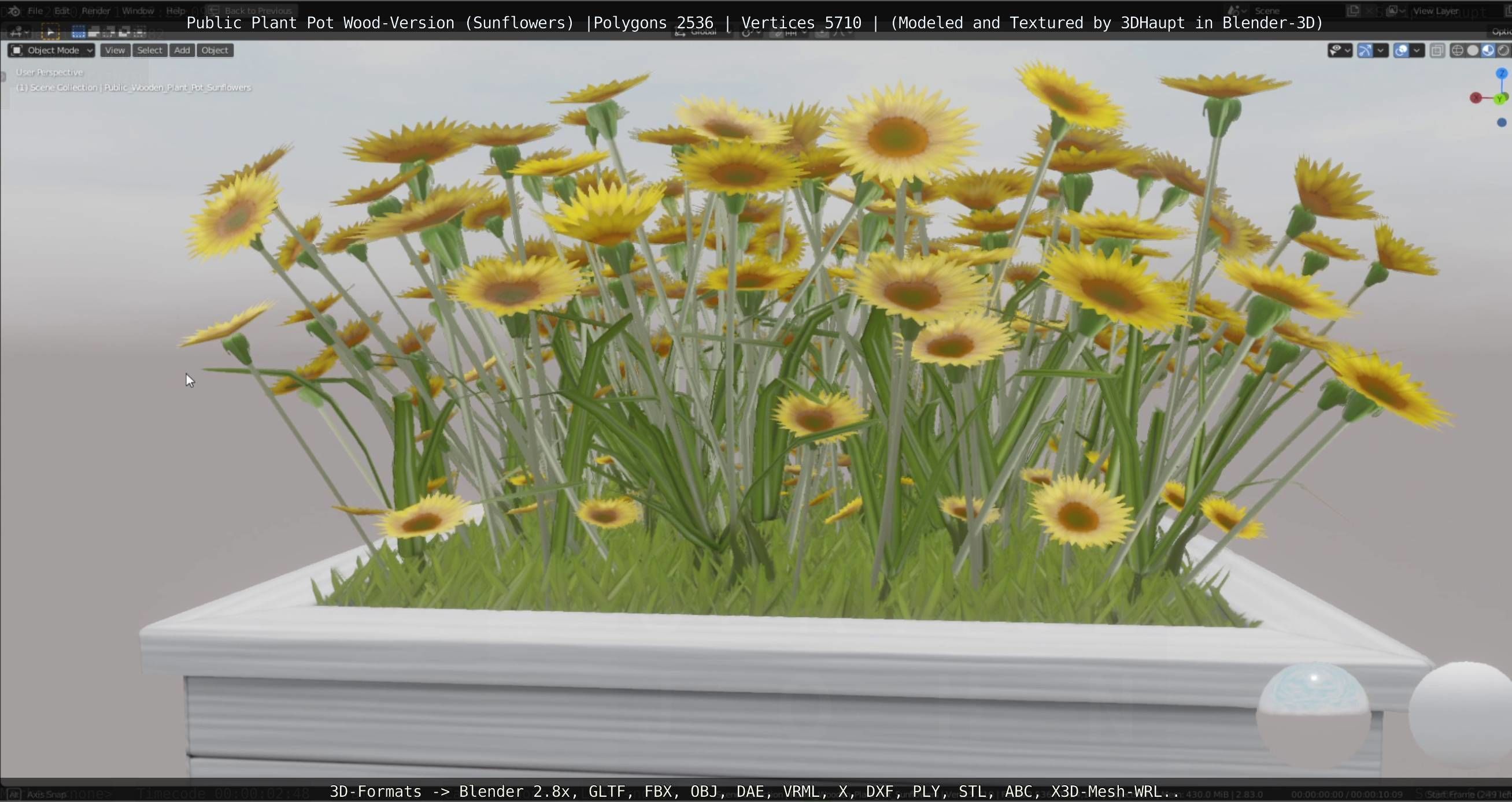 Public Plant Pot Wood-Version with Sunflowers Low-poly 3D model_19