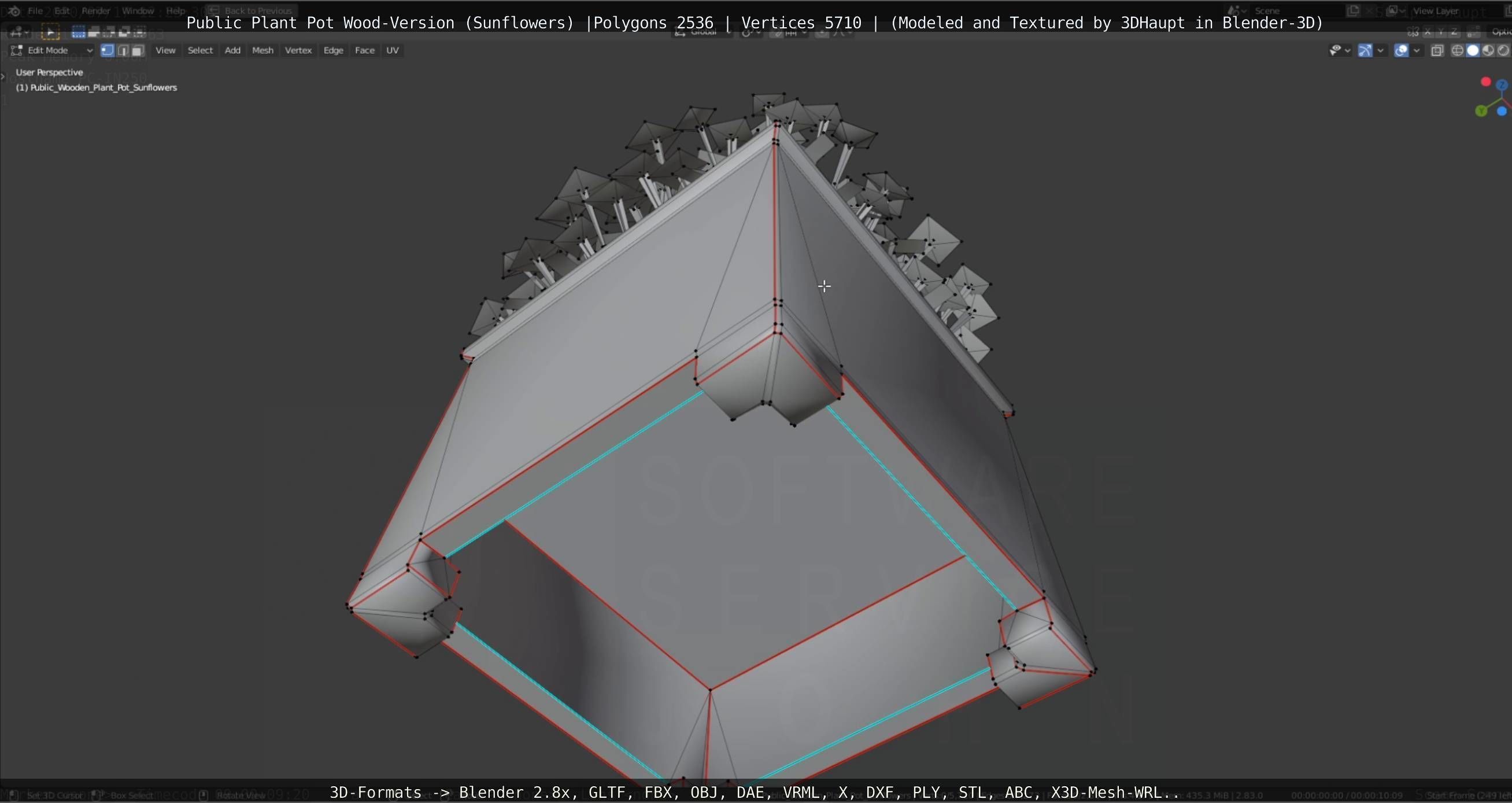 Public Plant Pot Wood-Version with Sunflowers Low-poly 3D model_45