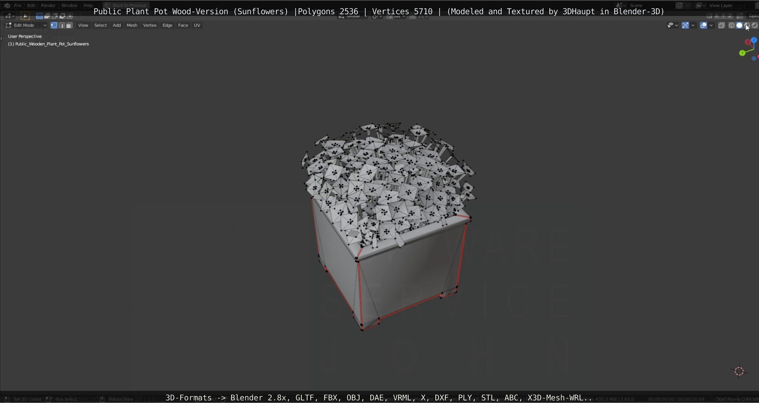 Public Plant Pot Wood-Version with Sunflowers Low-poly 3D model_49