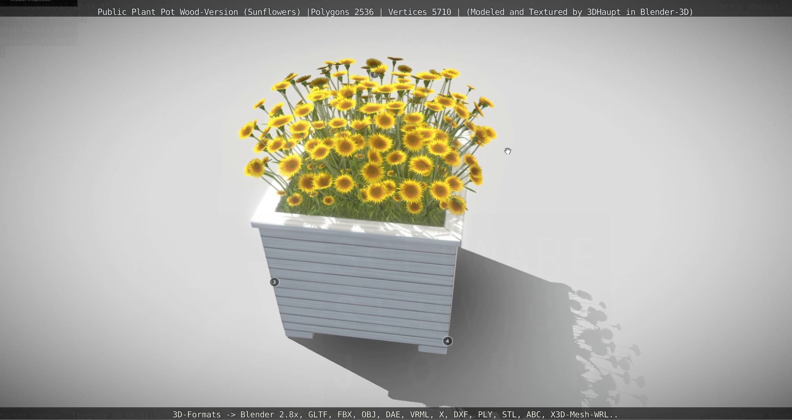 Public Plant Pot Wood-Version with Sunflowers Low-poly 3D model_4