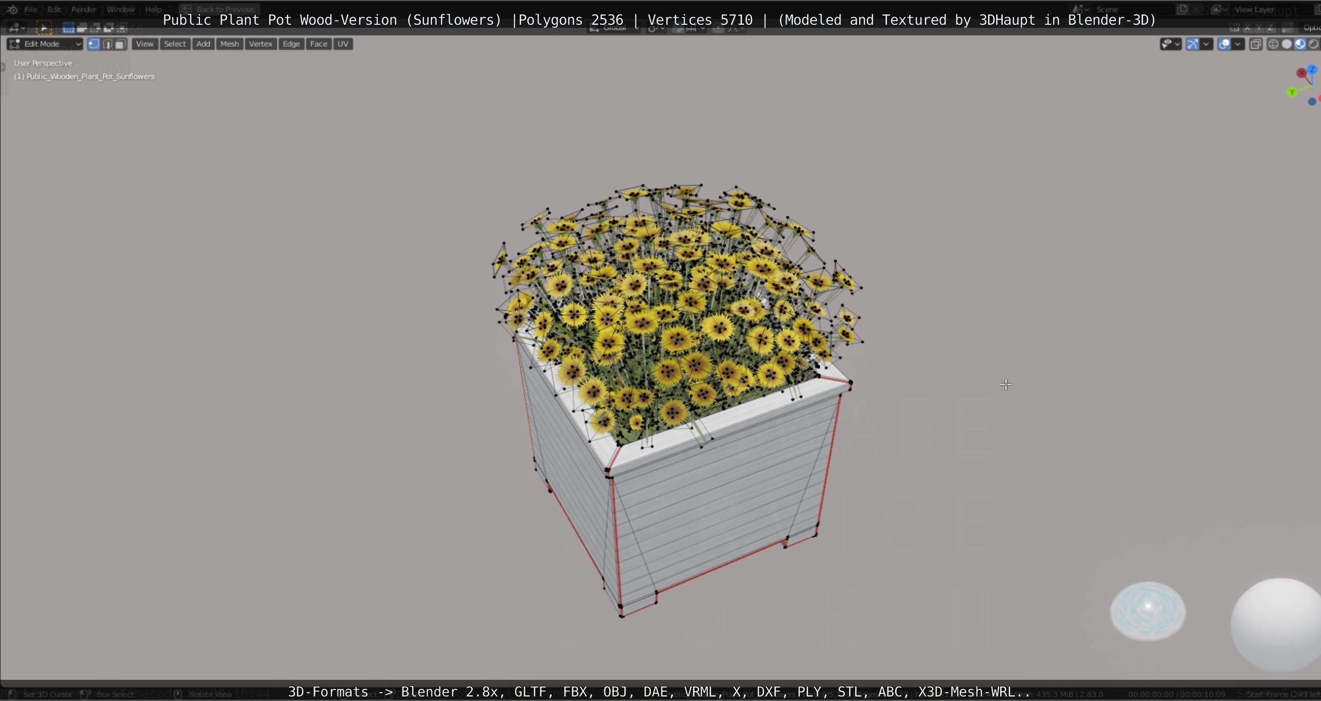 Public Plant Pot Wood-Version with Sunflowers Low-poly 3D model_51