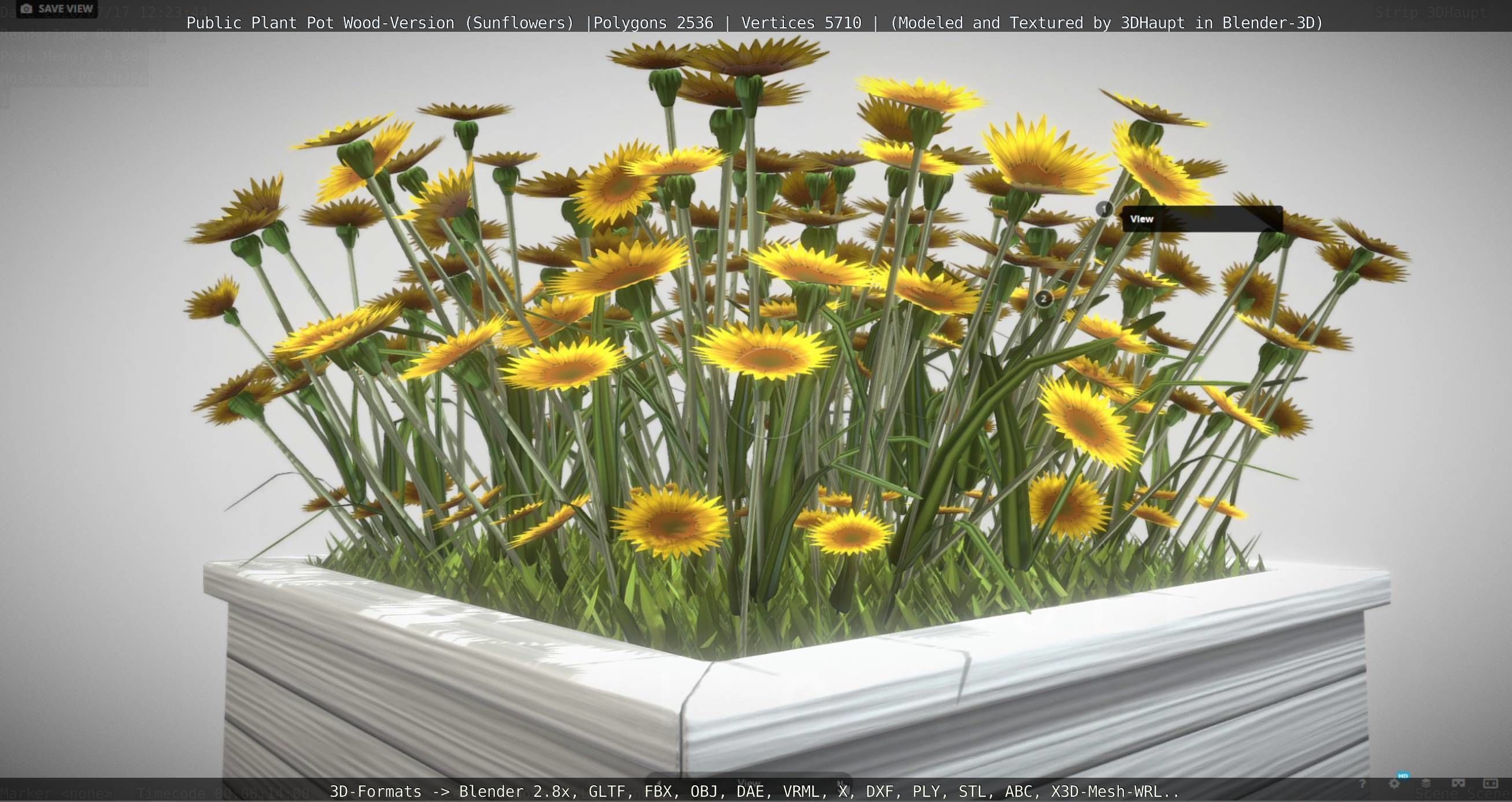 Public Plant Pot Wood-Version with Sunflowers Low-poly 3D model_5