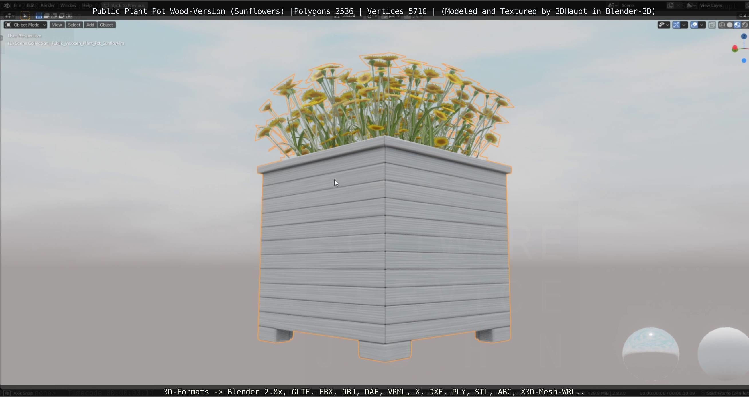 Public Plant Pot Wood-Version with Sunflowers Low-poly 3D model_7
