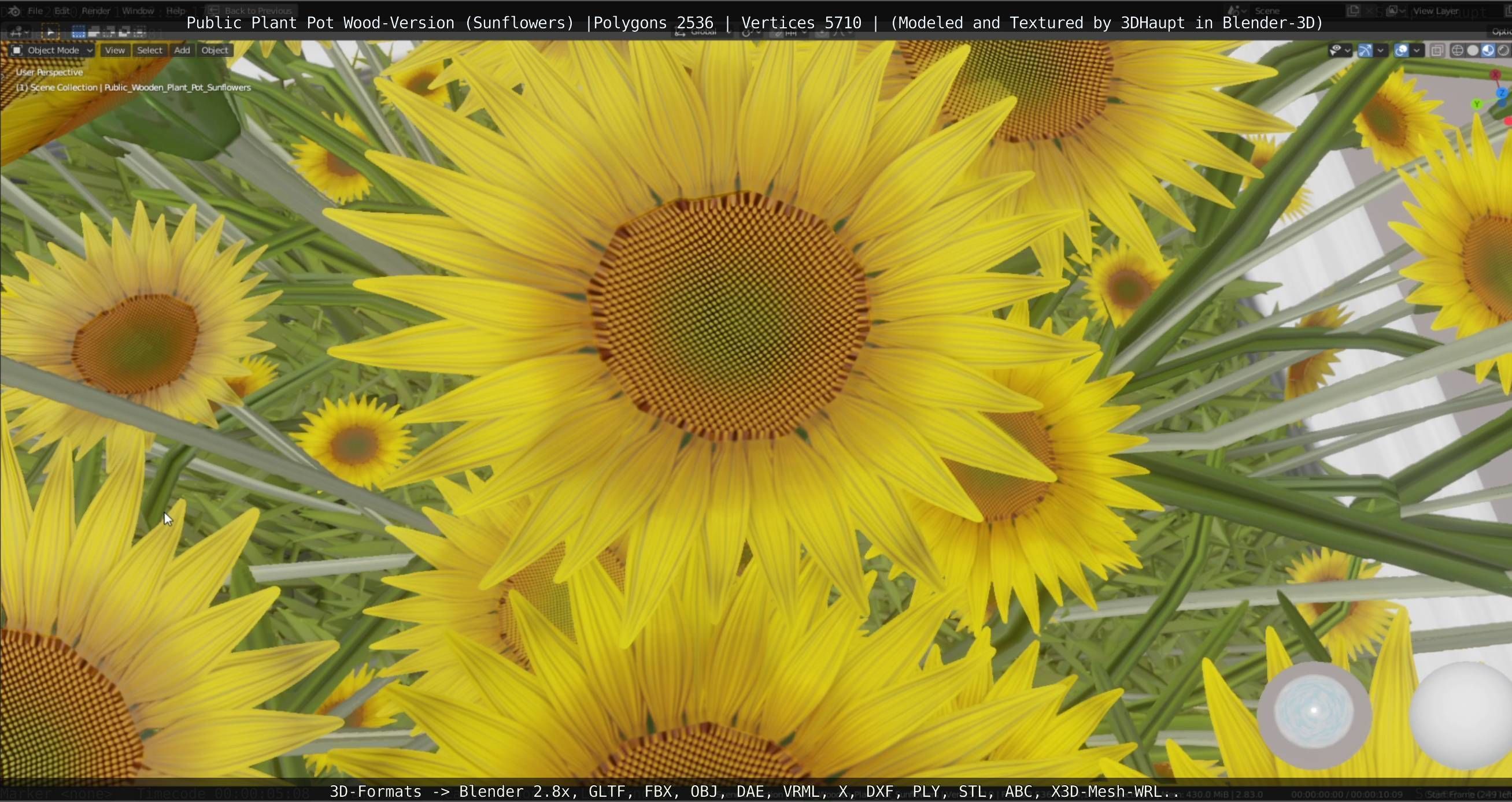 Public Plant Pot Wood-Version with Sunflowers Low-poly 3D model_27