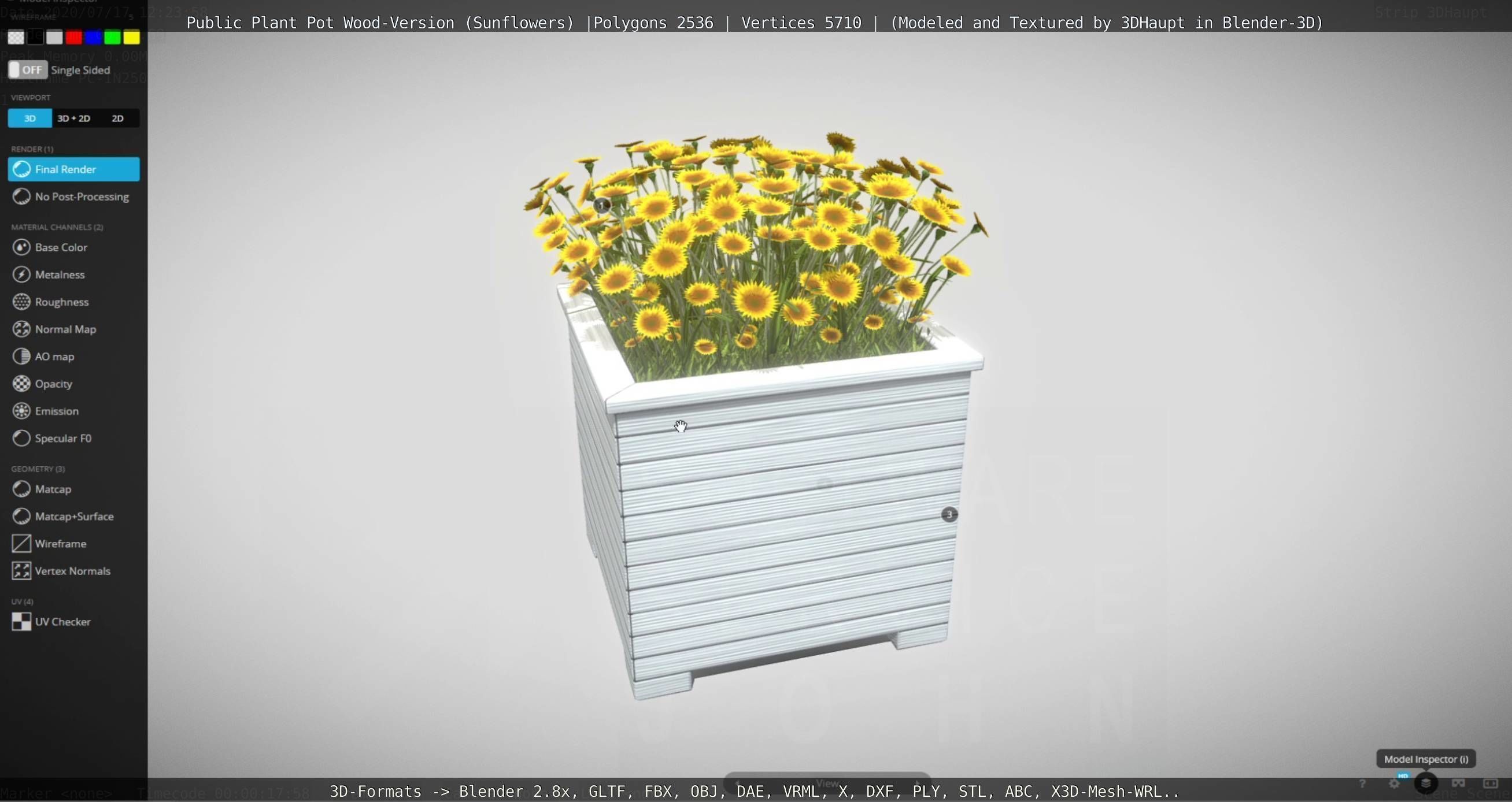 Public Plant Pot Wood-Version with Sunflowers Low-poly 3D model_81