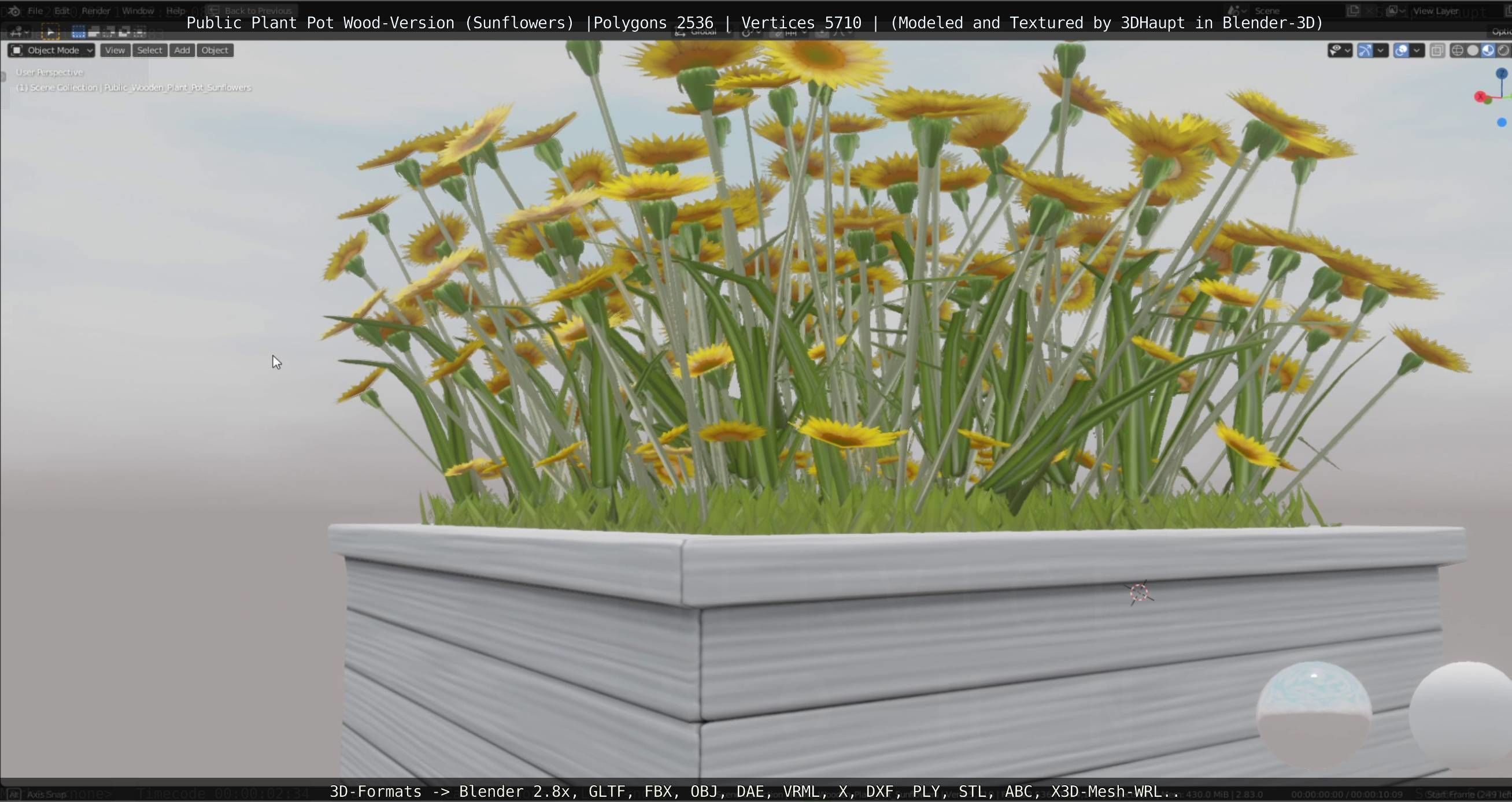 Public Plant Pot Wood-Version with Sunflowers Low-poly 3D model_18