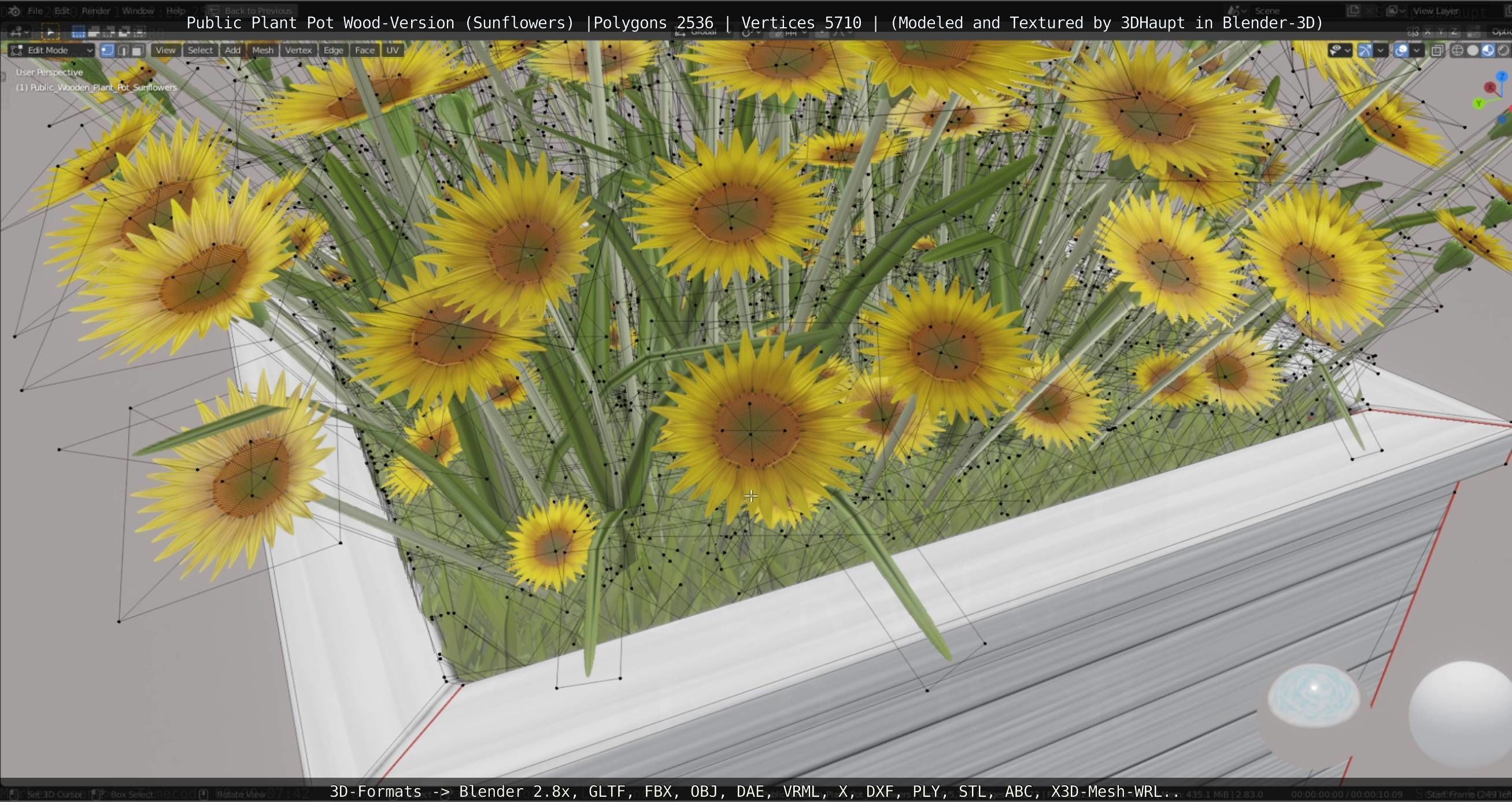 Public Plant Pot Wood-Version with Sunflowers Low-poly 3D model_38