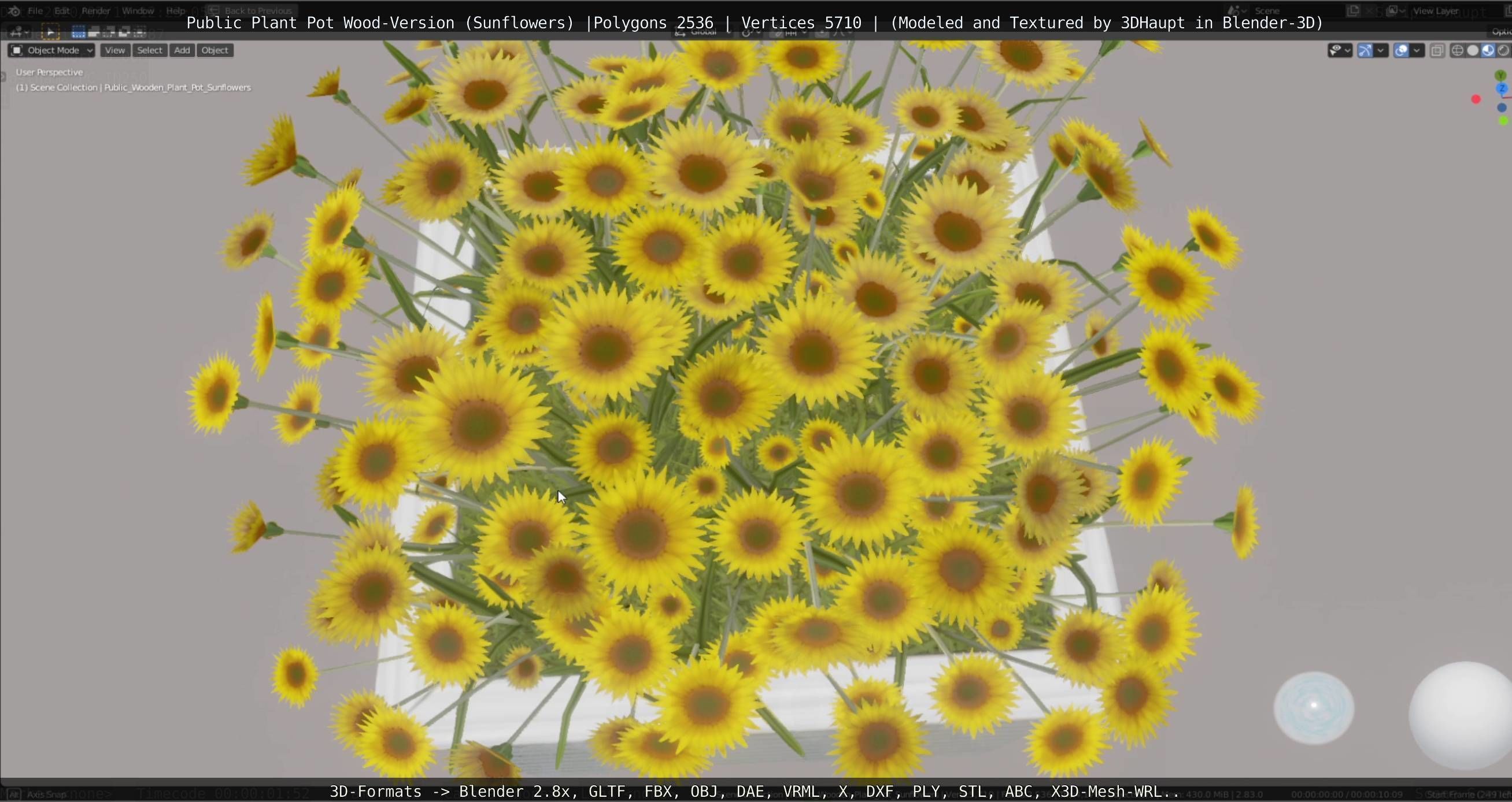Public Plant Pot Wood-Version with Sunflowers Low-poly 3D model_15