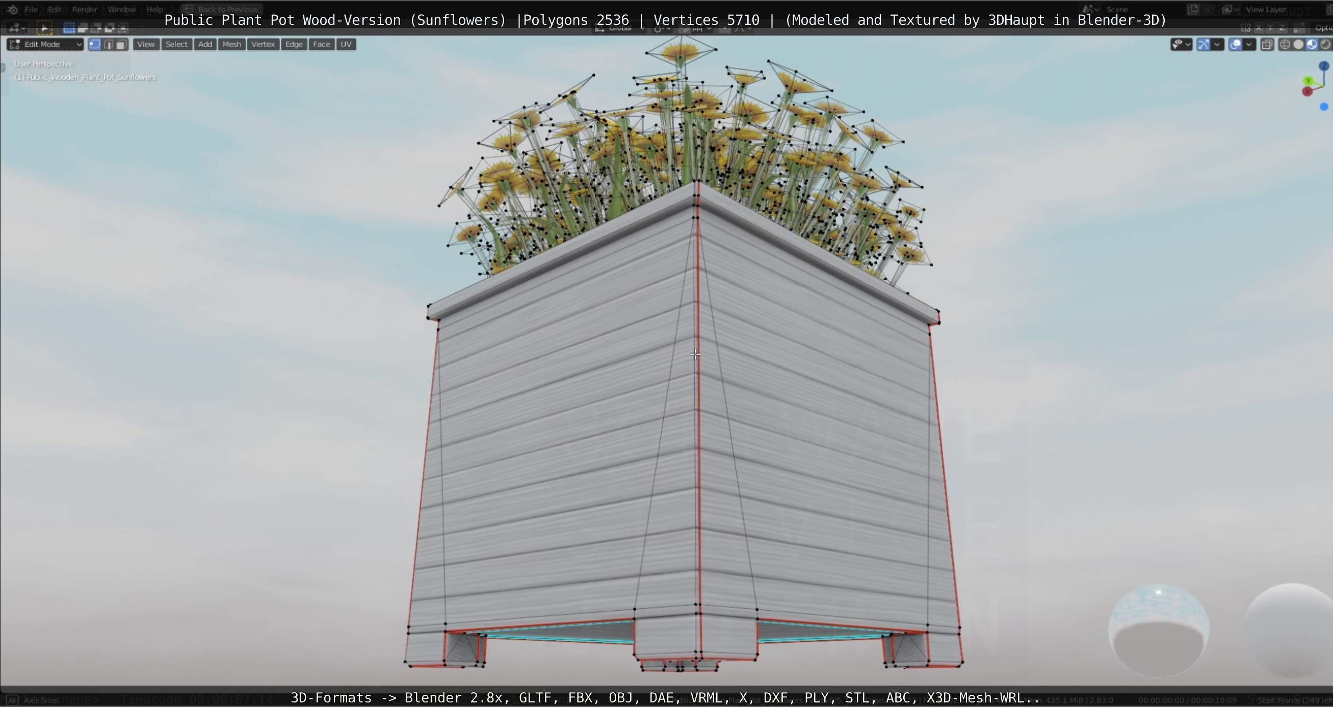 Public Plant Pot Wood-Version with Sunflowers Low-poly 3D model_36