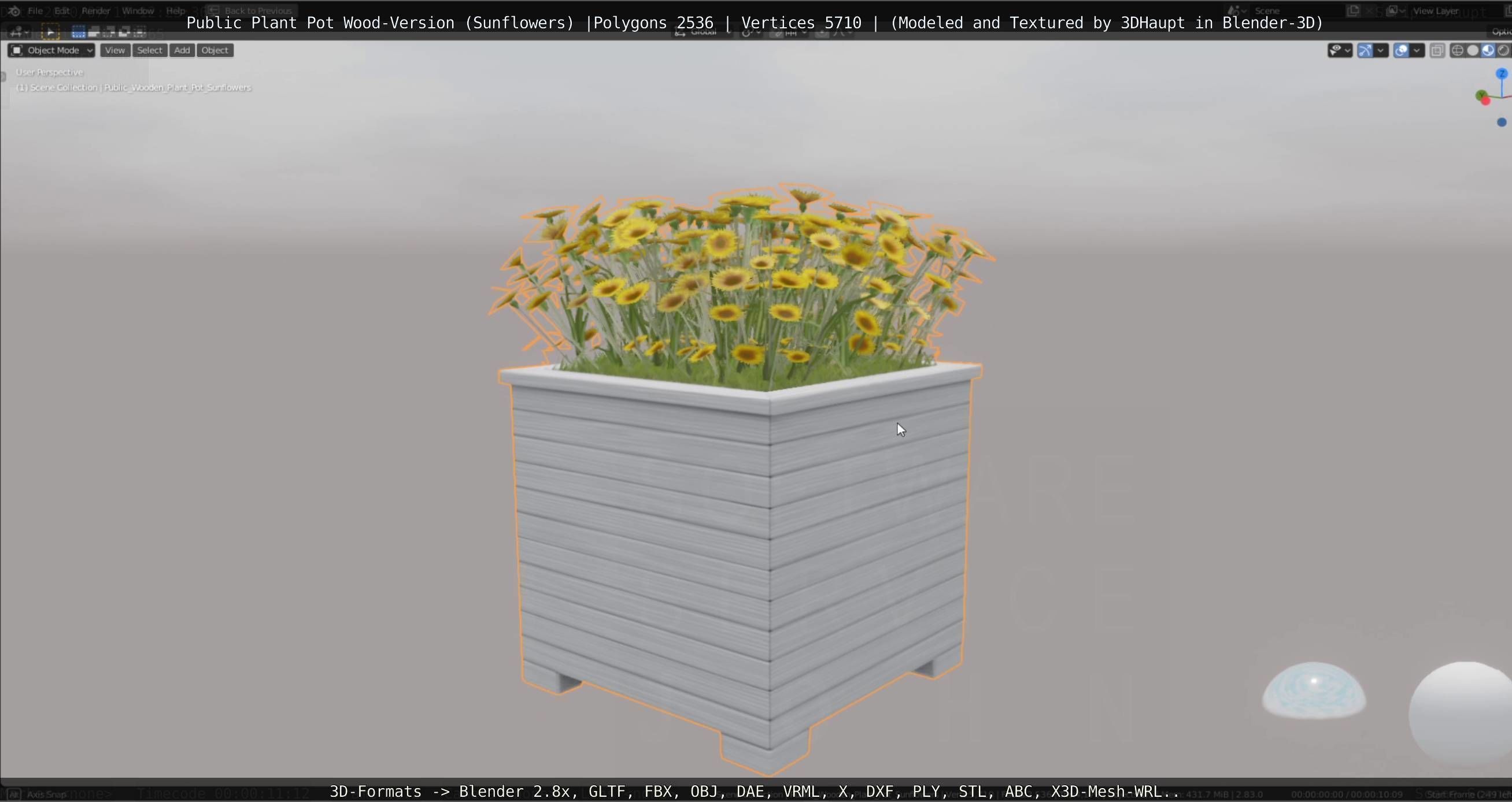 Public Plant Pot Wood-Version with Sunflowers Low-poly 3D model_53