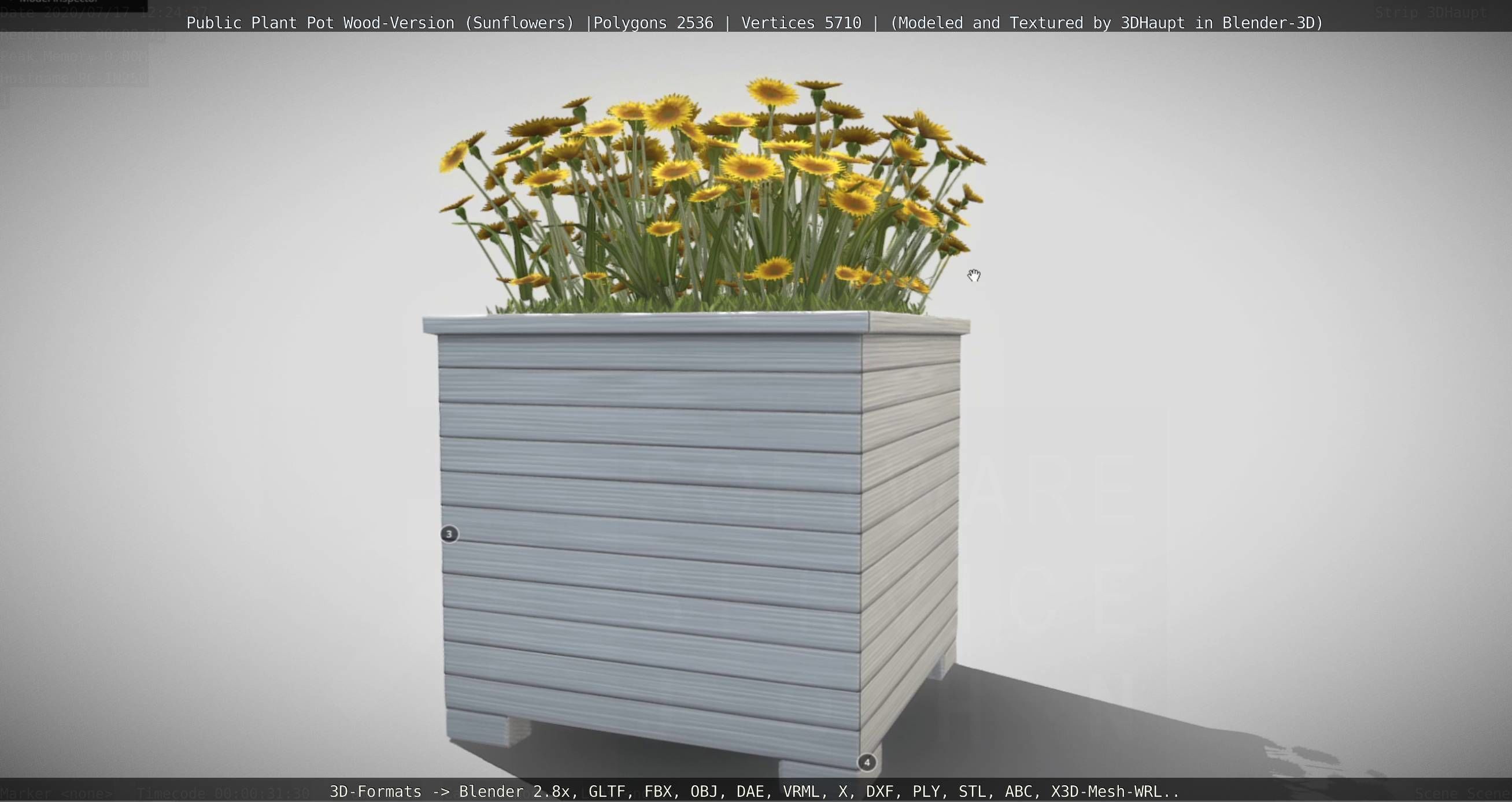 Public Plant Pot Wood-Version with Sunflowers Low-poly 3D model_124